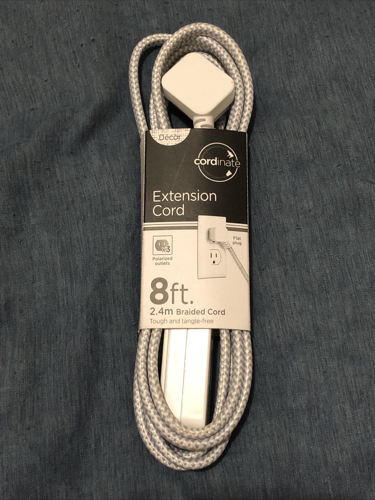 Decor Cordinate 8ft. 2.4 Braided 3 Polarized Outlet Extension Cord Gray/White