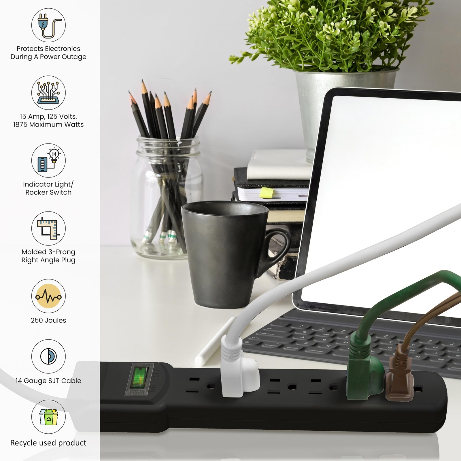GoGreen Power 12ft 6 Outlet Surge Protector with Circuit Breaker and Indicato.
