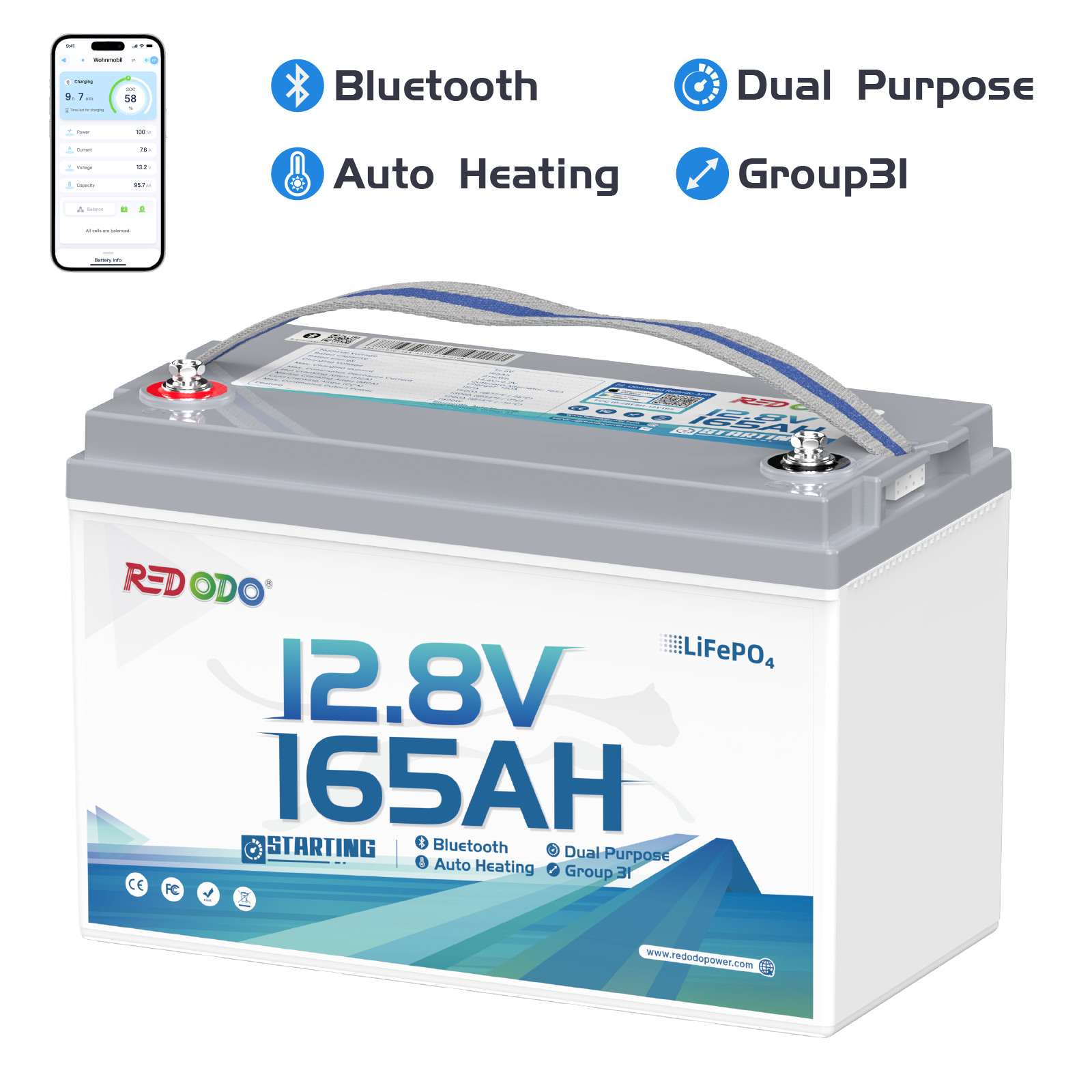 Redodo 12V 165Ah LiFePO4 Dual-Purpose Battery Crank & Deep Cycle 2112Wh -Good