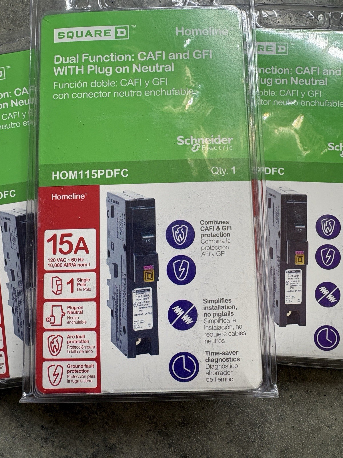 Square D HOMELINE Dual Function: CAFI/GFI HOM115PDFC 15A Set Of Three New Sealed