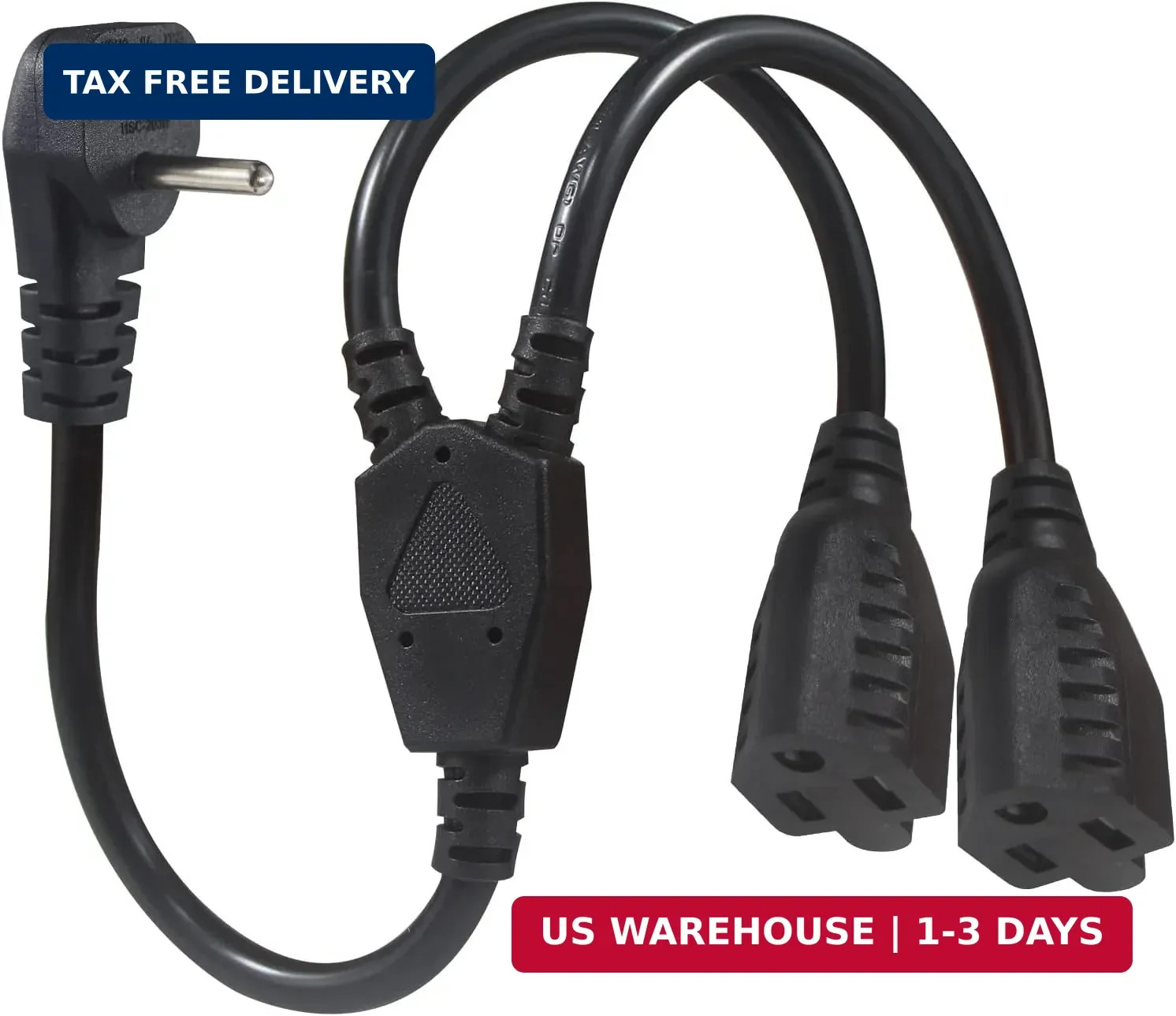 Power Cord Extension Y Splitter – 1 to 2 Way Outlet Adapter NEMA 5-15P 90-Degree