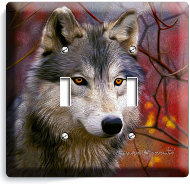 GRAY WILD WOLF RED AUTUMN FOREST WOODS DOUBLE LIGHT SWITCH WALL PLATE ROOM DECOR