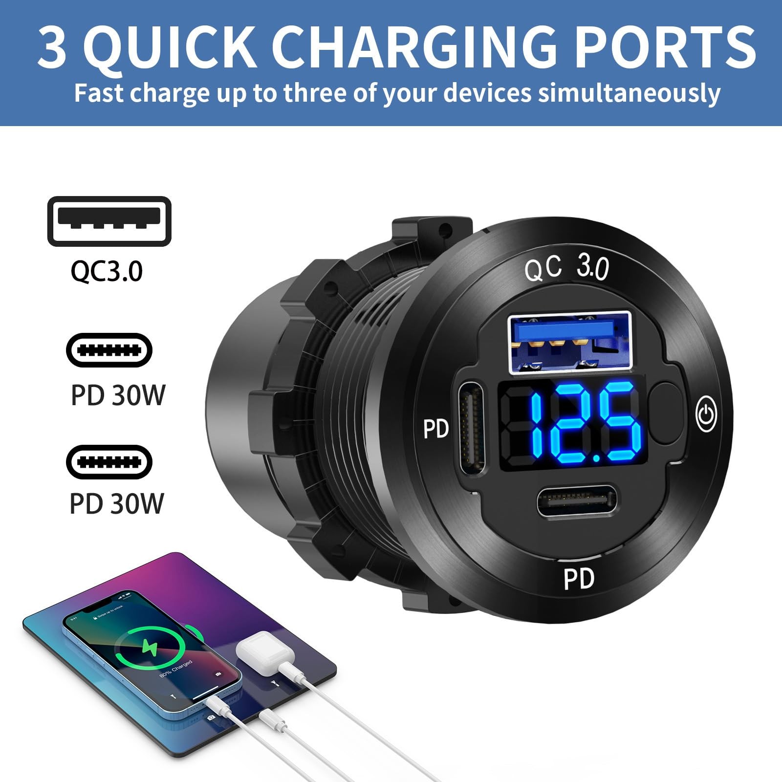 12V USB Car Socket Round C Outlet, 3-Port Marine Fast pack of one