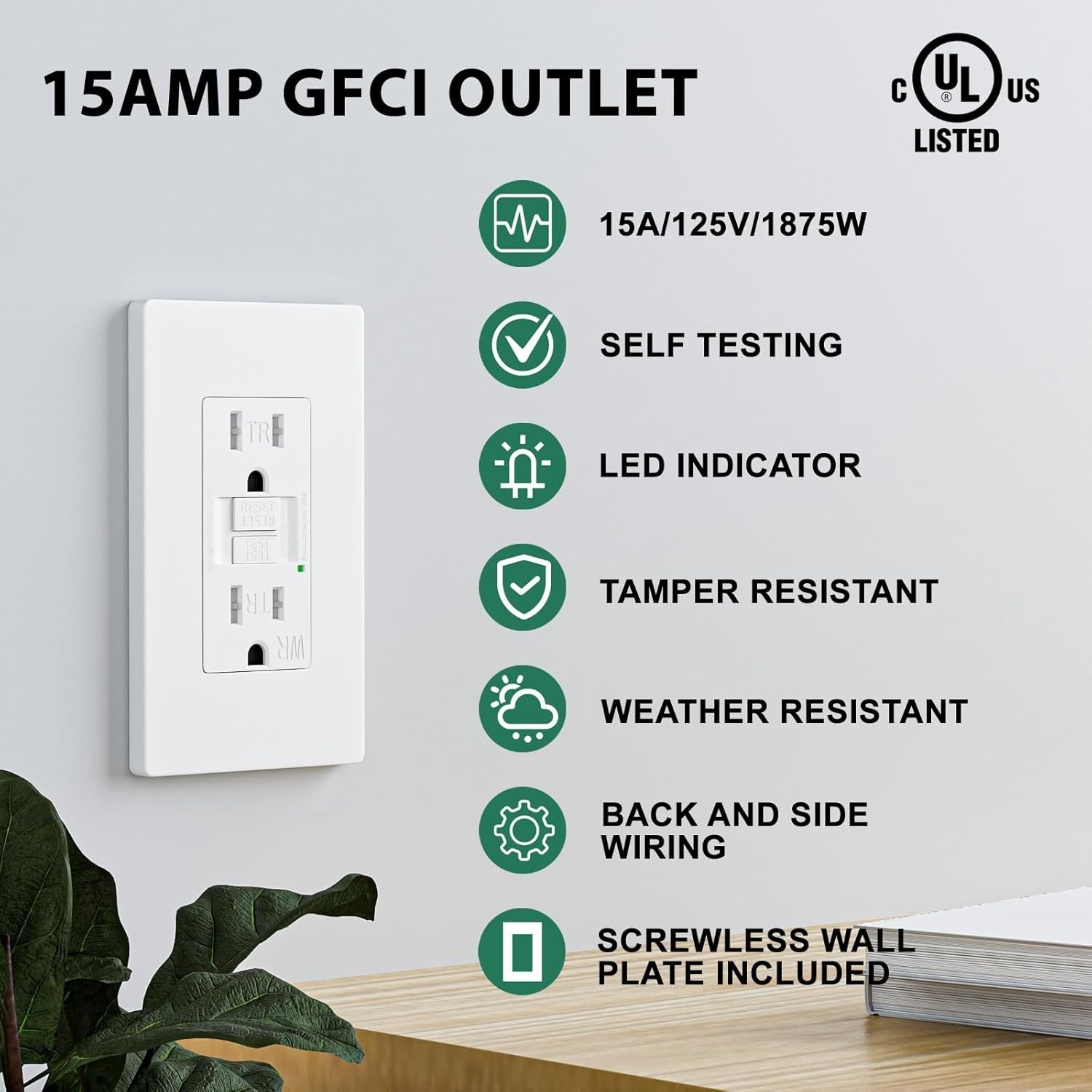 10Pack GFCI Outlet 15Amp, UL Listed Self-Test Tamper Resistant with Wall plates