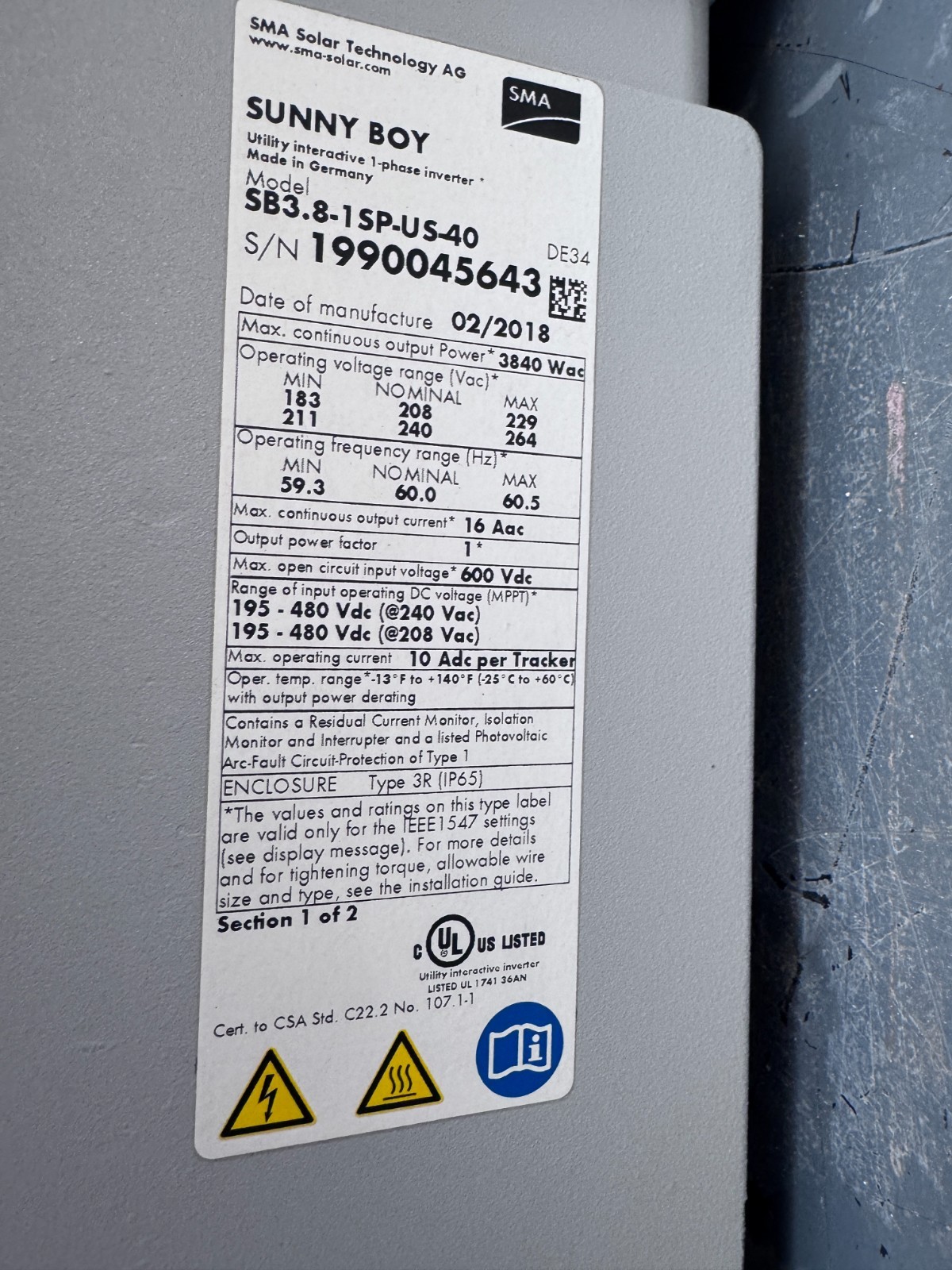 SMA Sunny Boy SB3.8-1 SP-US-40 3800W Grid Tie Solar Inverter