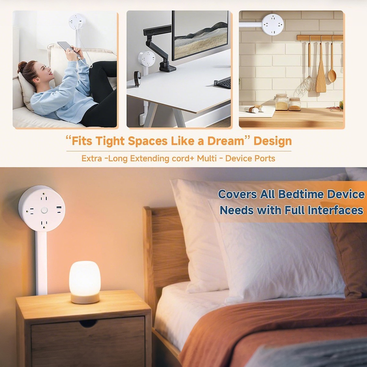 Round Electrical Outlet Expander Power Socket Rotating Extender Nightstands Desk