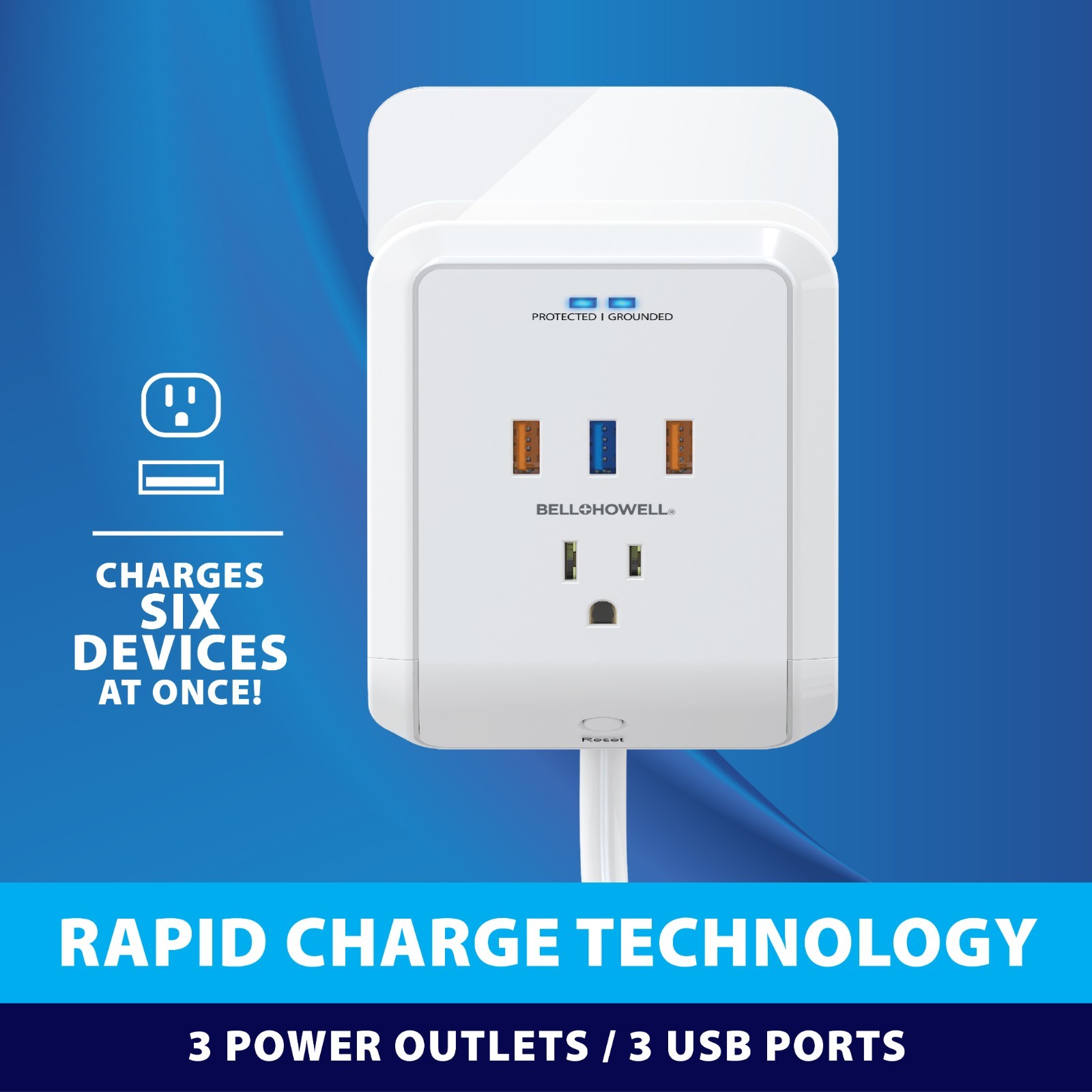 Bell + Howell Power Pro Outlet Extender–3 AC Outlets,3 USB Ports,4 ft Ext. cord