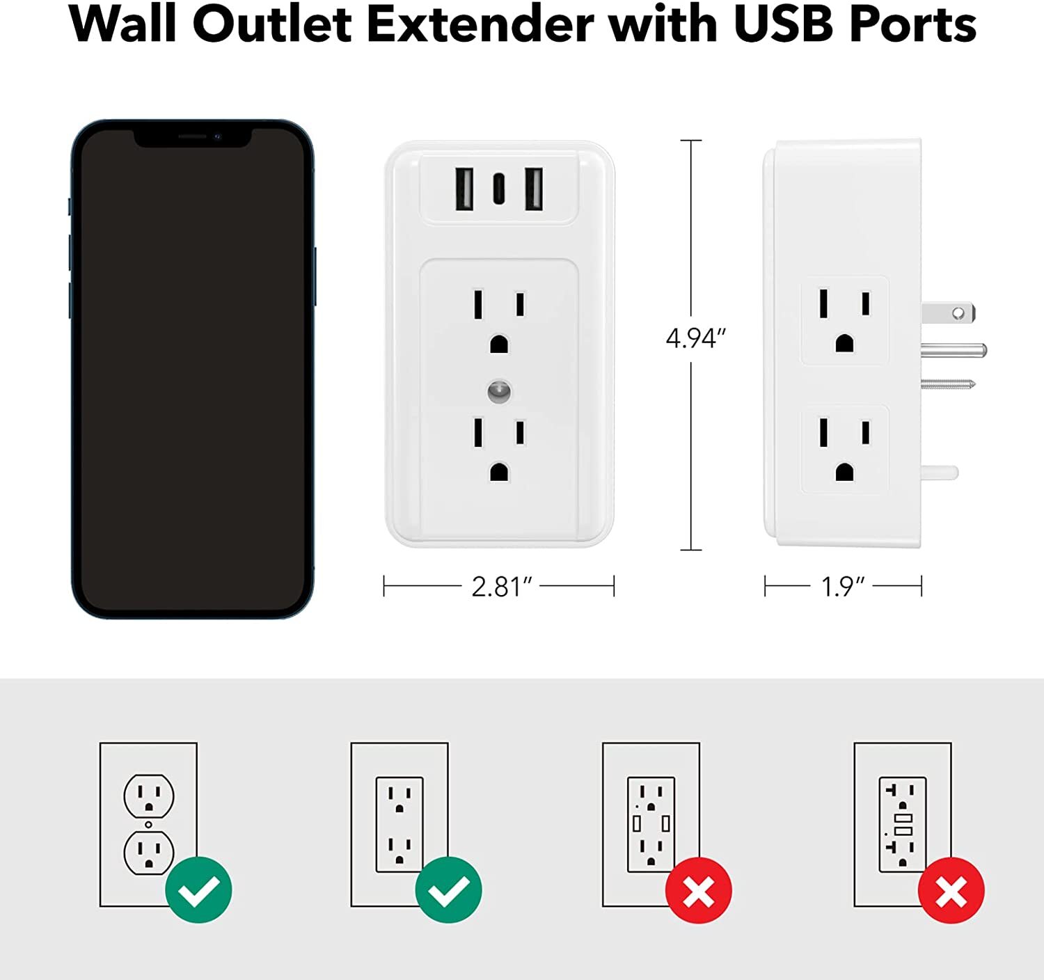 BN-LINK Multi Outlet Splitter Power Strip, 6 Wall Outlets & 3 USB Ports Adapter