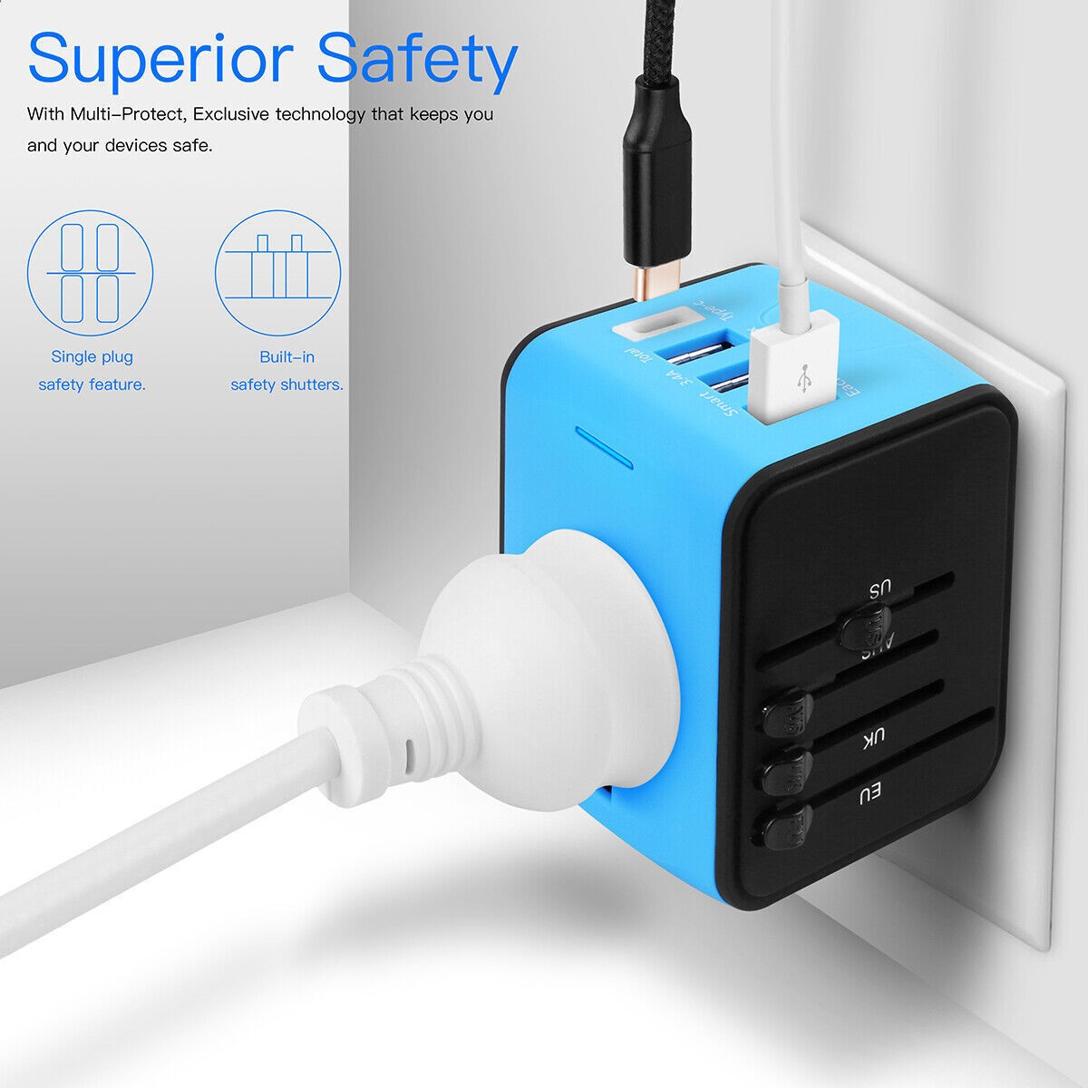 Universal International Travel Adapter Plug 3 USB Power Adapter+Type C Worldwide