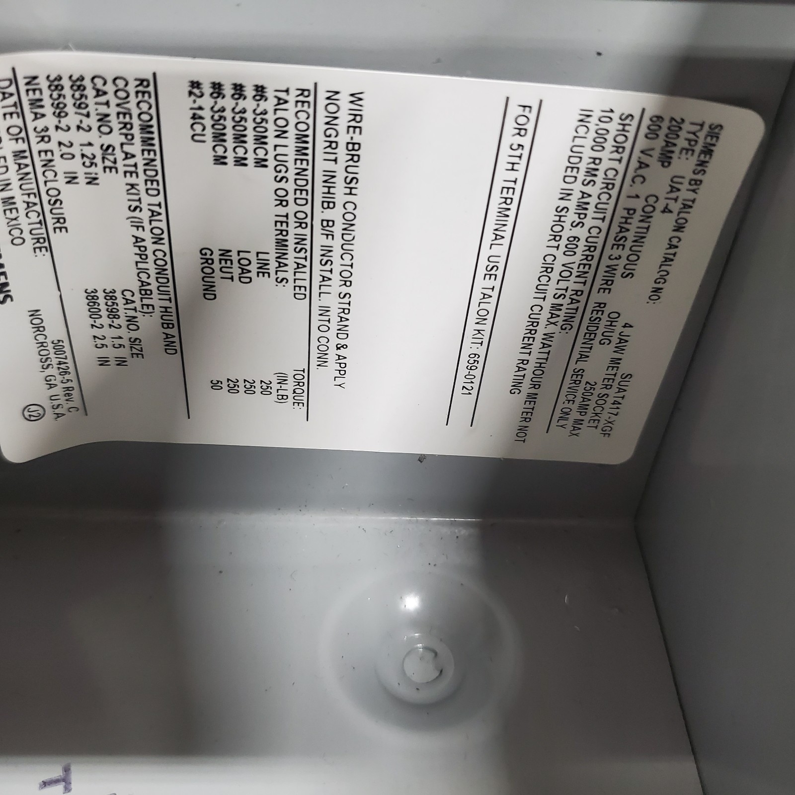 Siemens 200A 4Jaw No Bypass Overhead/Underground Ringless Meter Socket