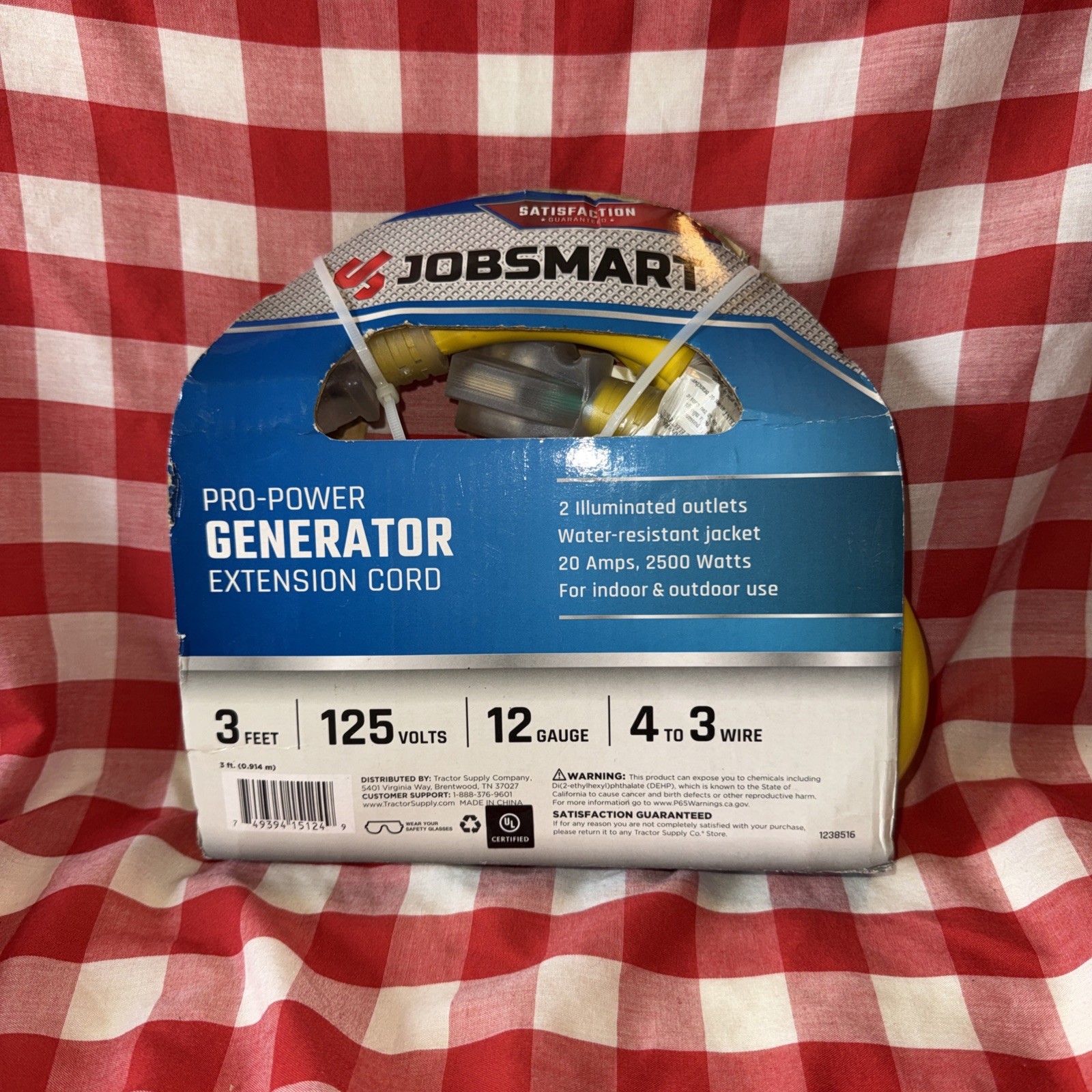 Generator Extension Cord 3 Feet 125 Volts 12 Gauge 4 To 3 Wire UL Certified#2003