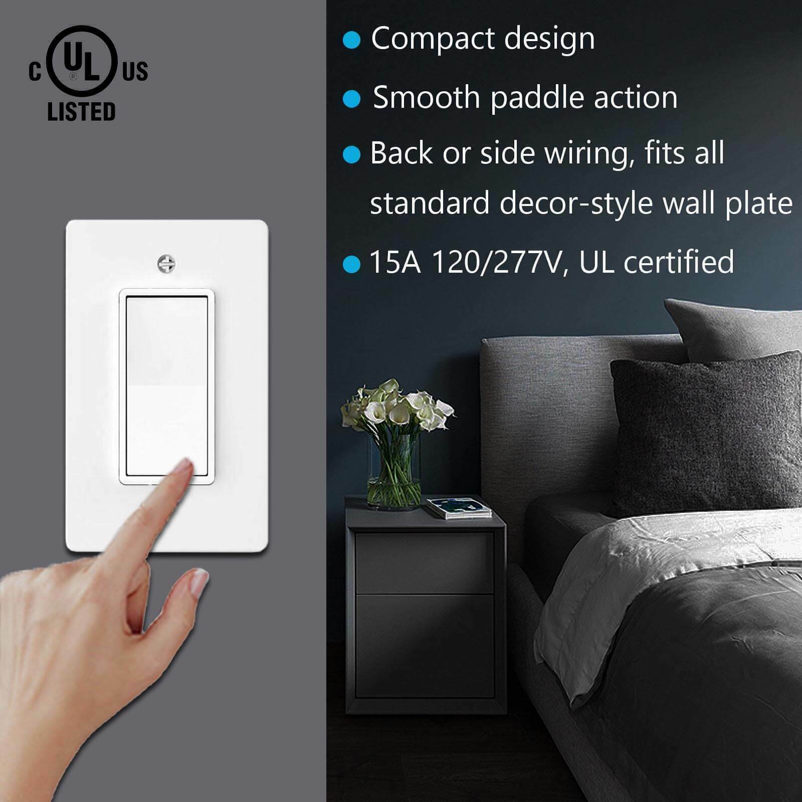 4Packs Single Pole ON/OFF Light Switch 15Amp 120/277V Decorator Paddle Rocker UL