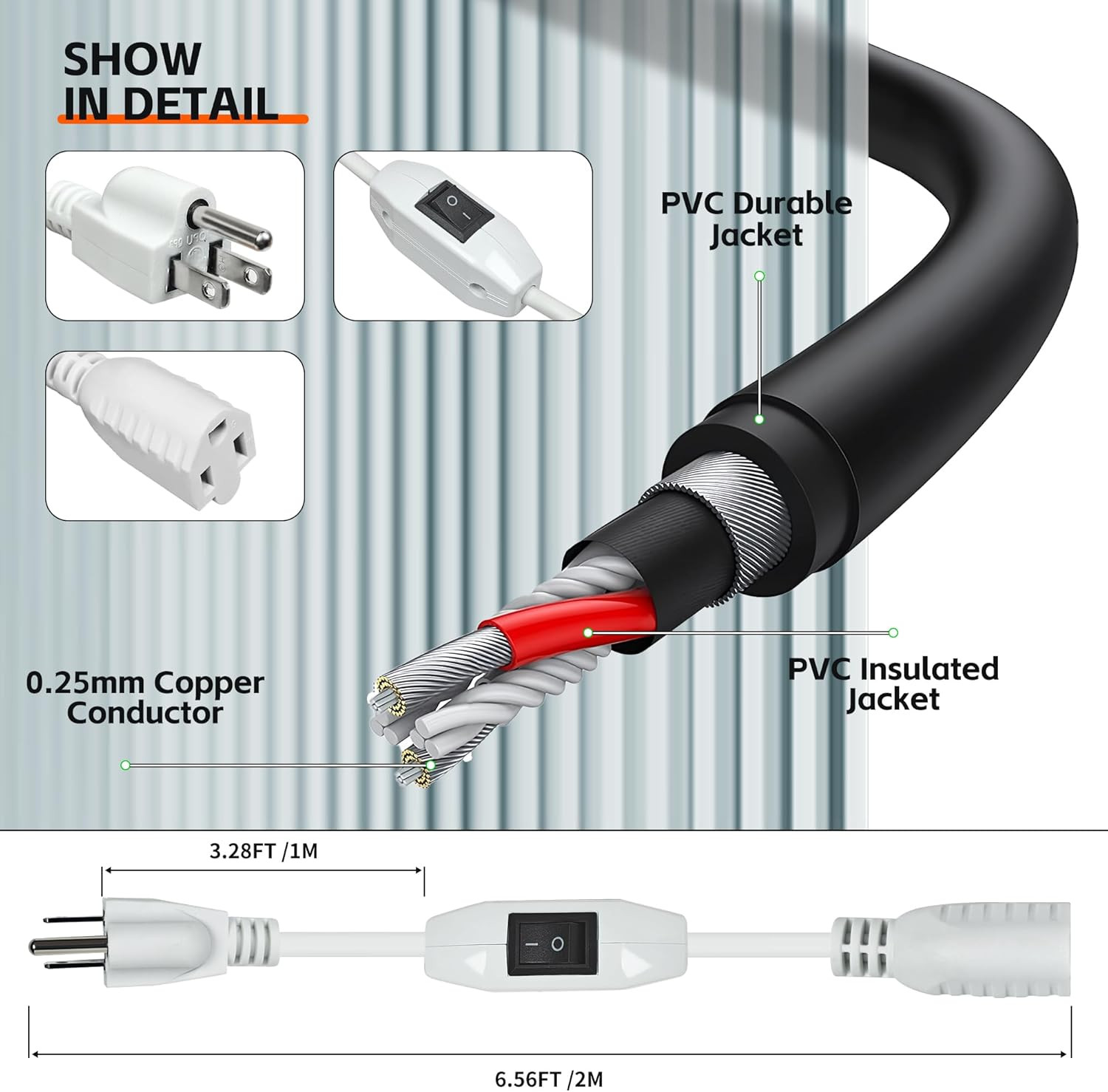Extension Cord with Switch On/Off, 6.56 FT, 3 Prong Grounded Plug 18 AWG White E
