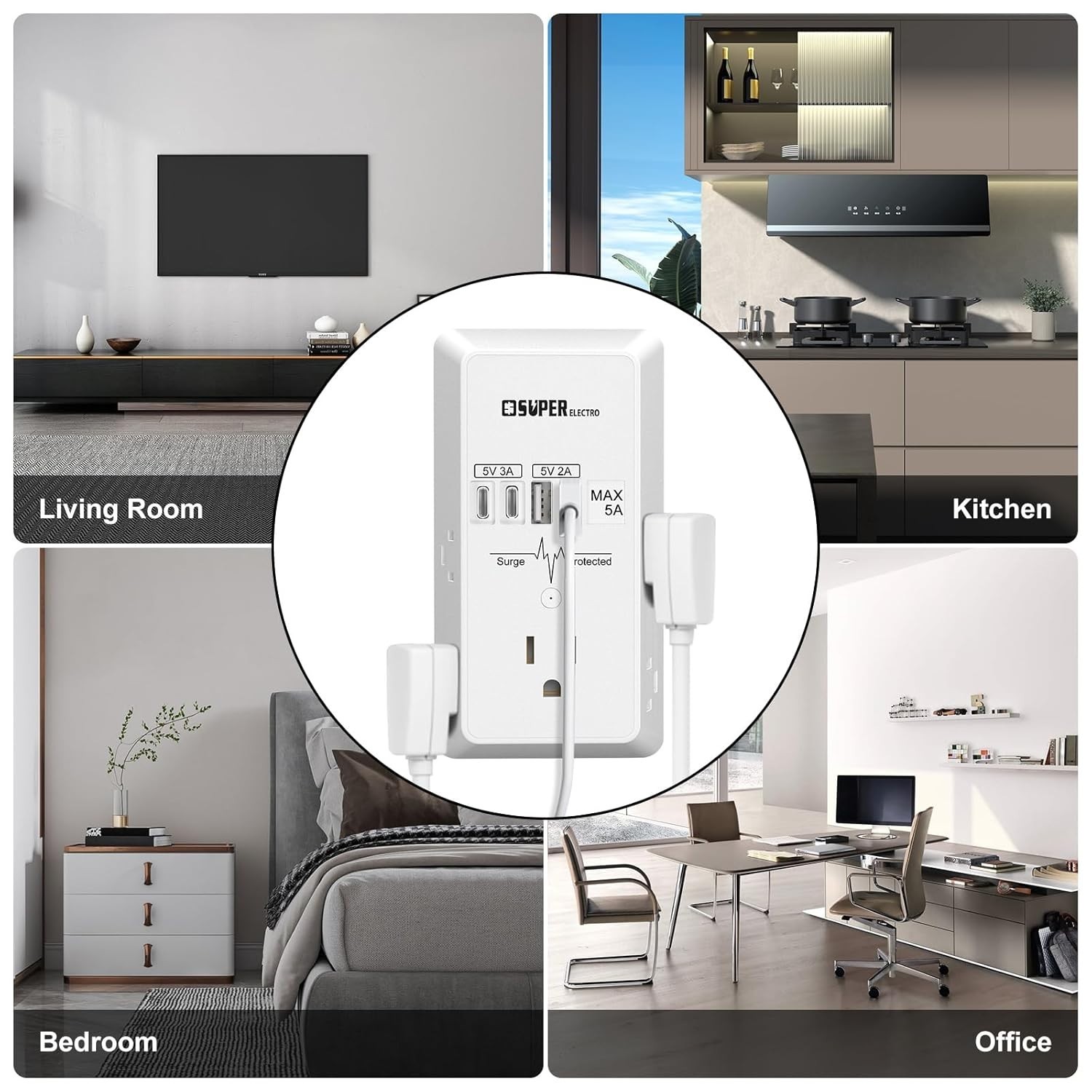 USB Wall Charger Surge Protector 5 Outlet Extender with 4 USB Charging Ports