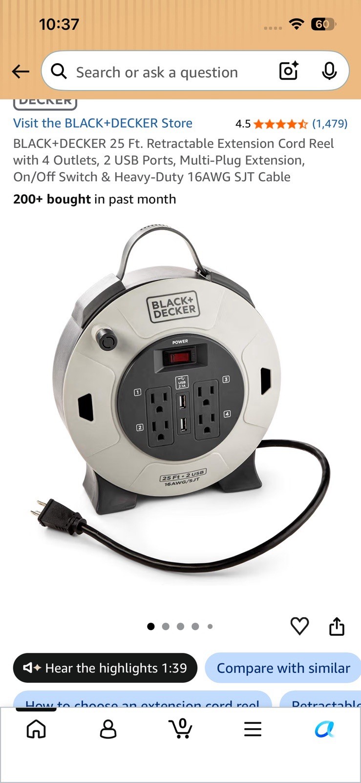 BLACK+DECKER 25 ft Retractable 16AWG Cord Reel, 4 Outlets, 2 USB, Switch