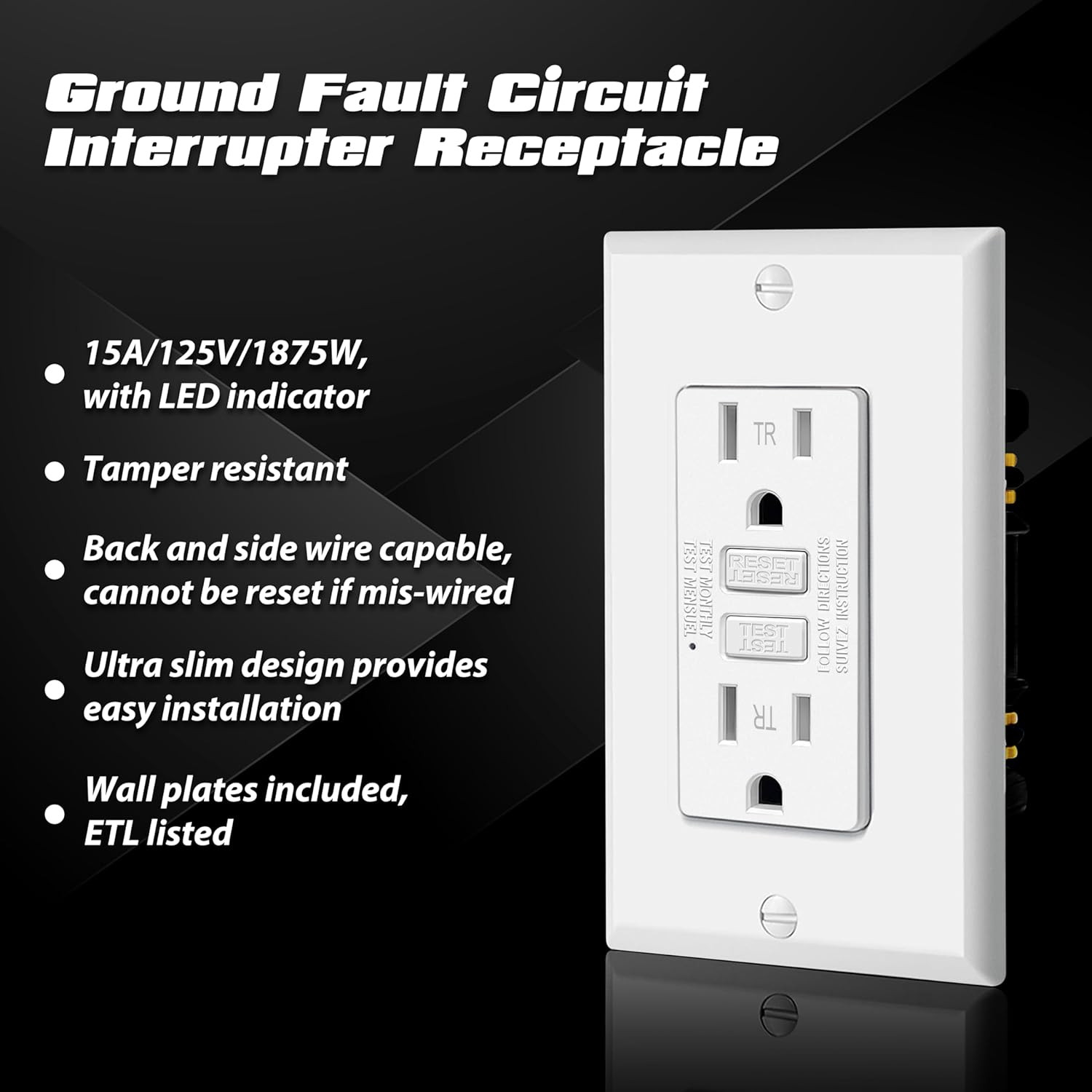 10 Pack GFCI Outlets 15 Amp, Tamper Resistant (TR), Ultra Slim GFI Receptacles w