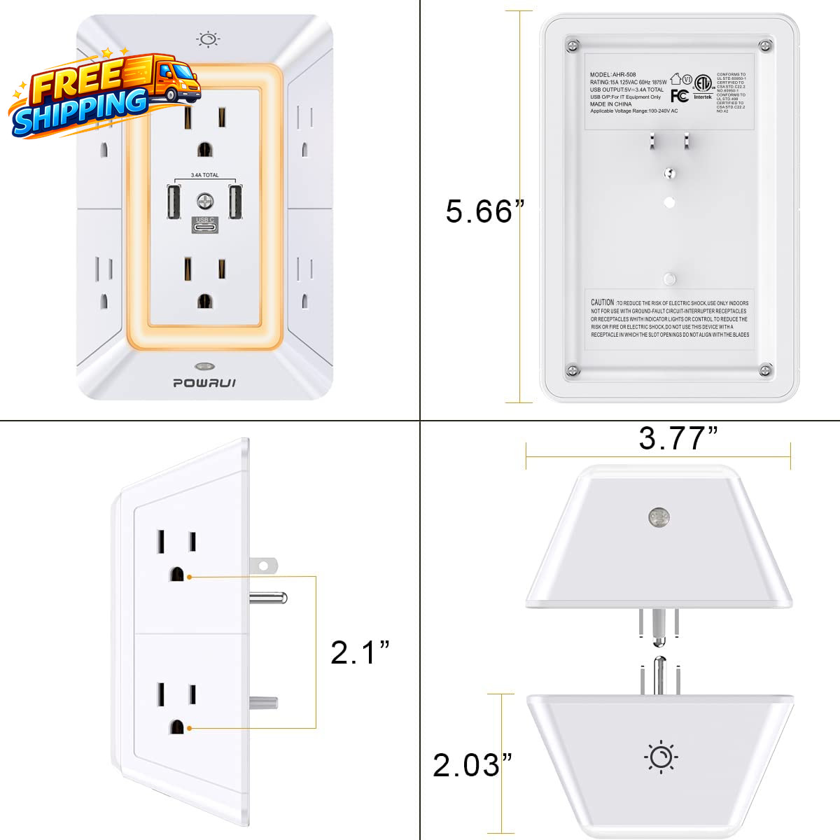 Multi Plug 6 Outlet Surge Protector Extender with 3 USB Ports 1 USB C and Night