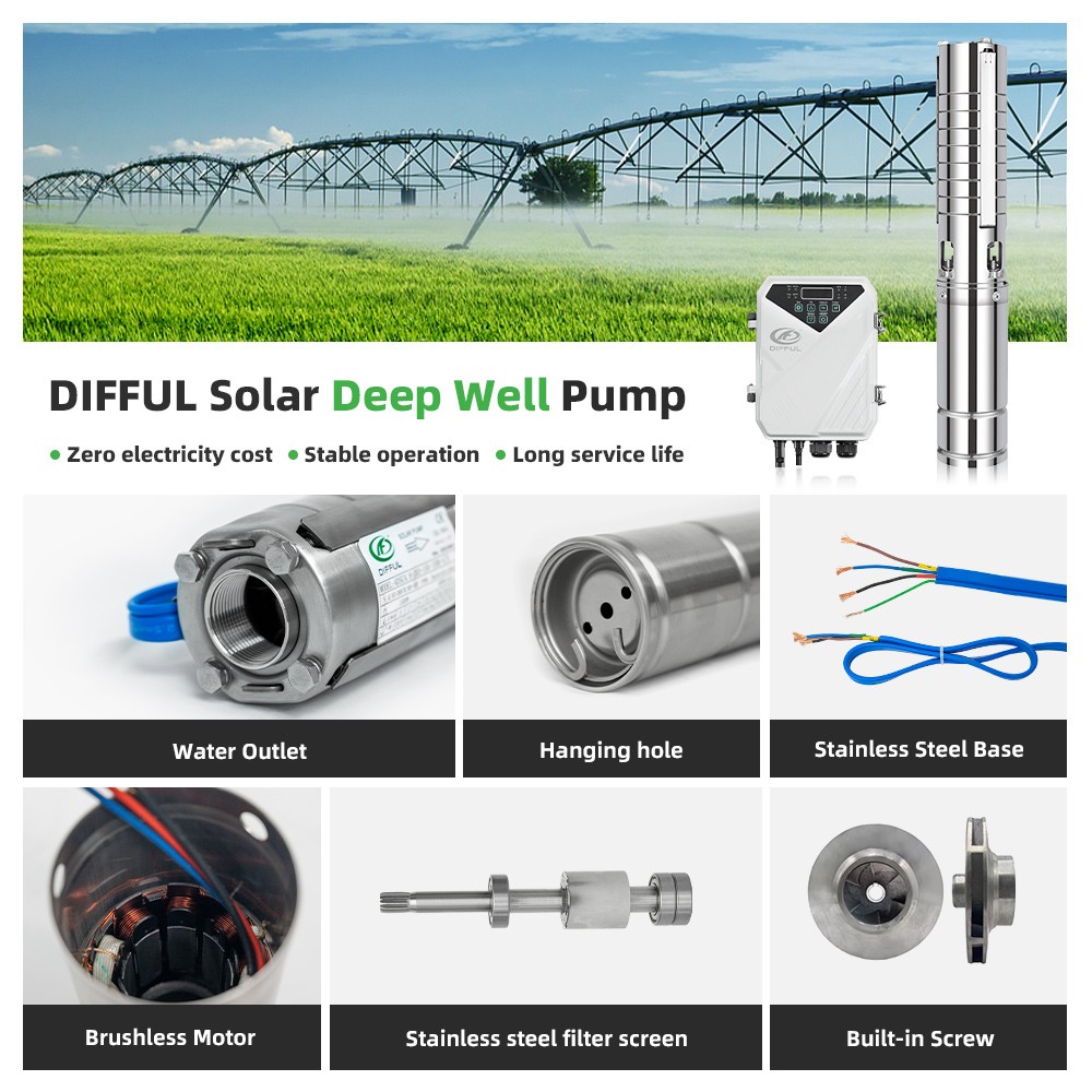 US STOCK DIFFUL 4″ 110V 2HP 42GPM DC Solar Water Pump Kit Livestock MPPT Control