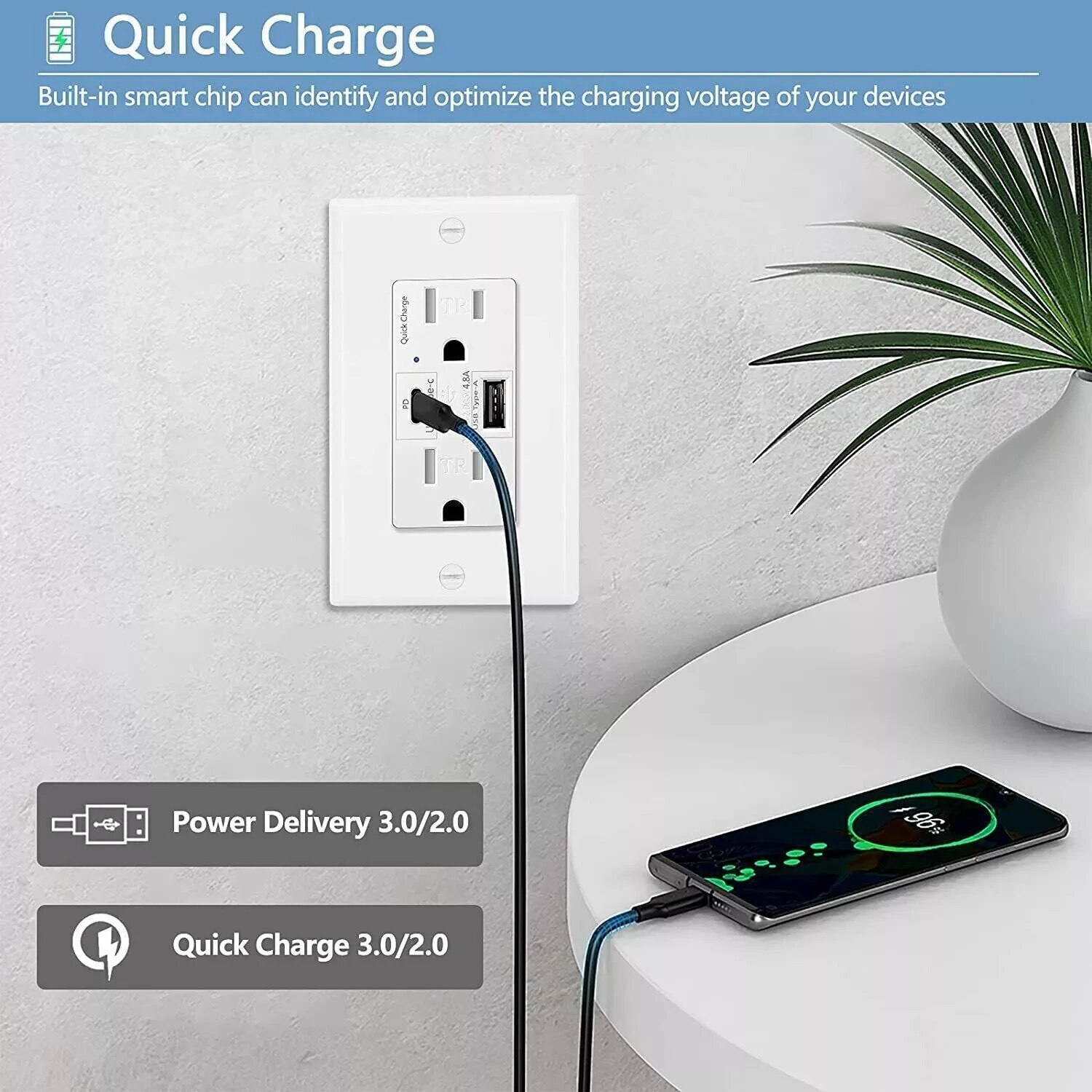 USB C Outlet Fast smart Charger 4.8A Duplex Receptacle 15A 125V Tamper Resistant