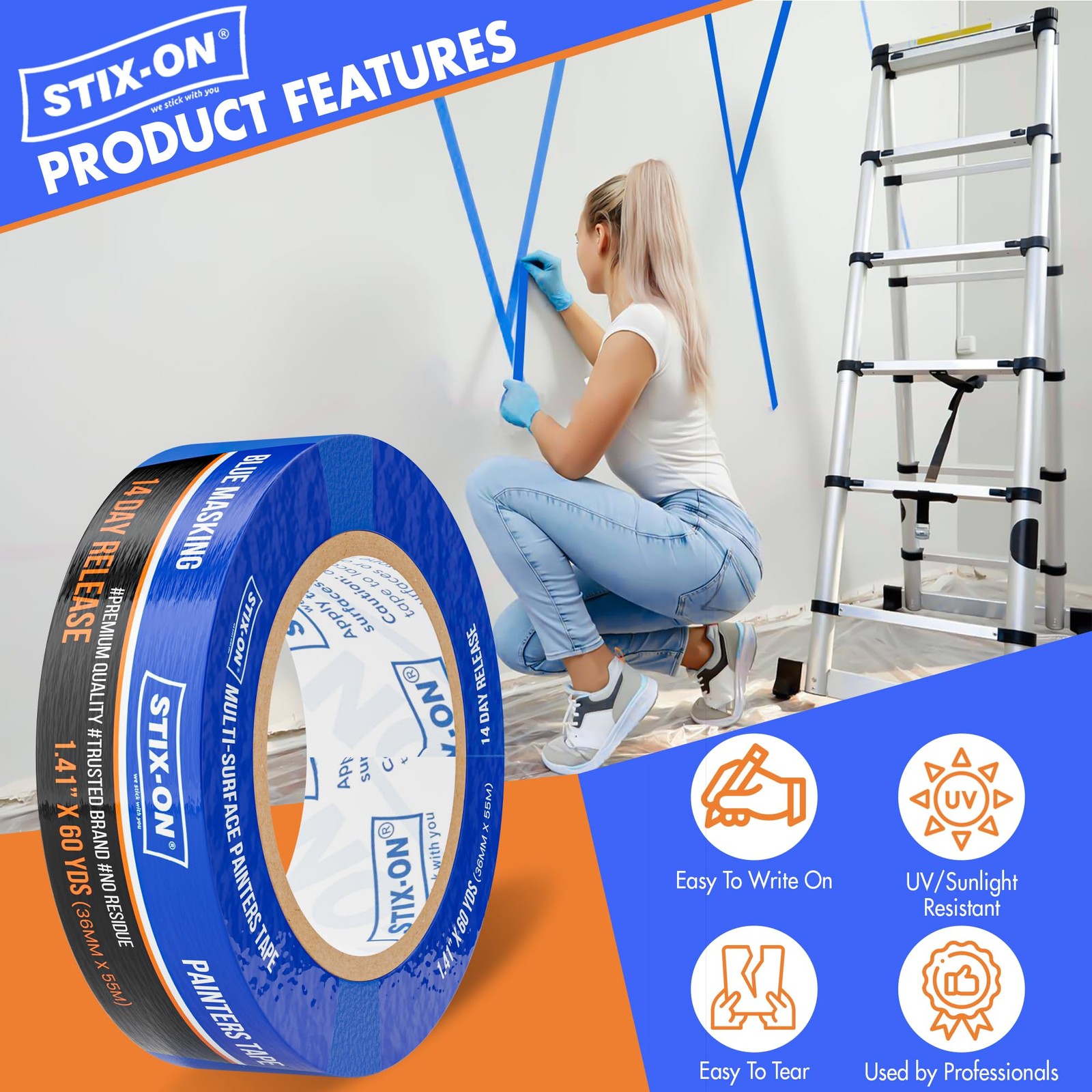 Stix-On Painters Tape 1.5 Inch Wide 24 Roll Painting Tape Blue Masking Tape