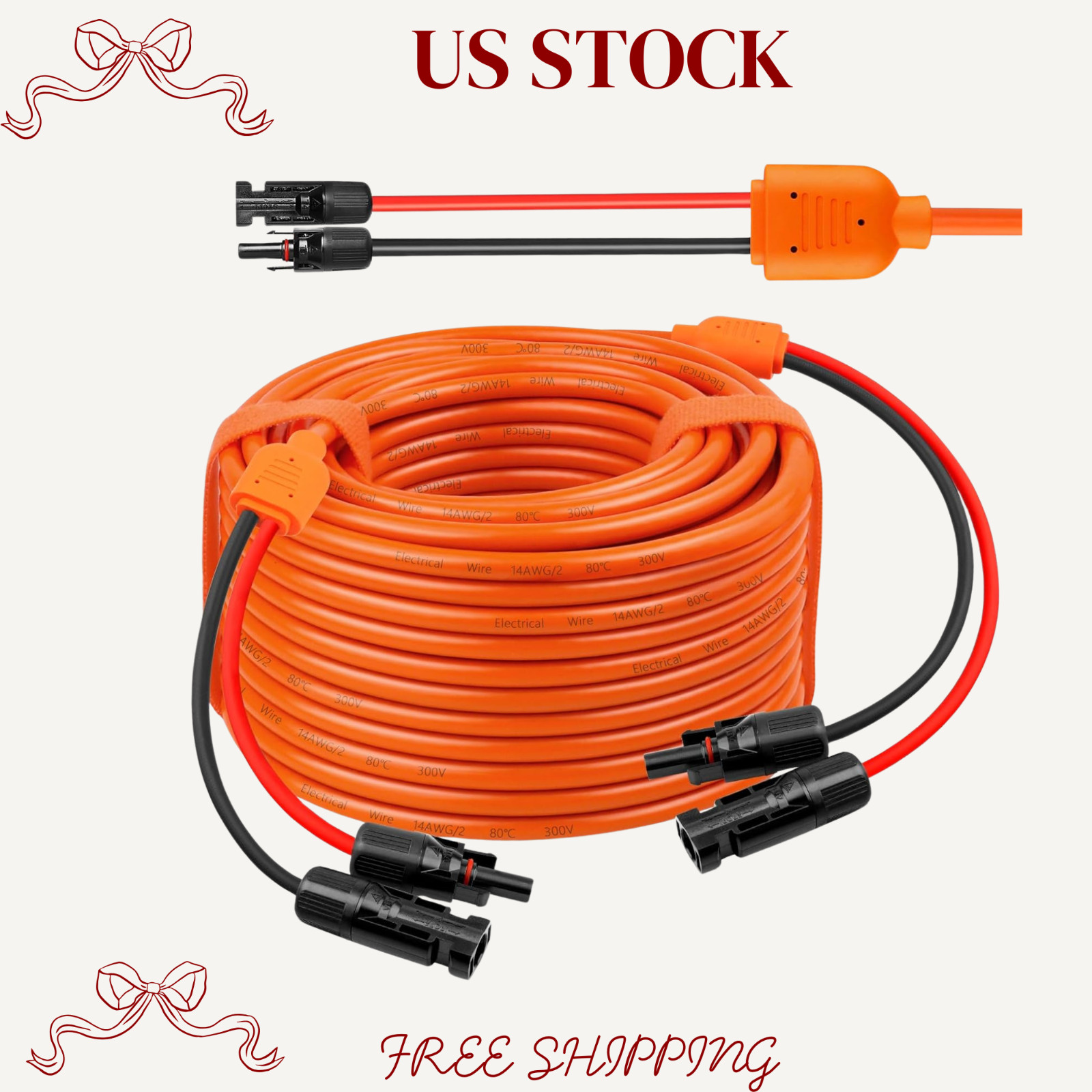 100FT Solar Panel Extension Cable – 10AWG/14AWG IP68 Waterproof Wire Set