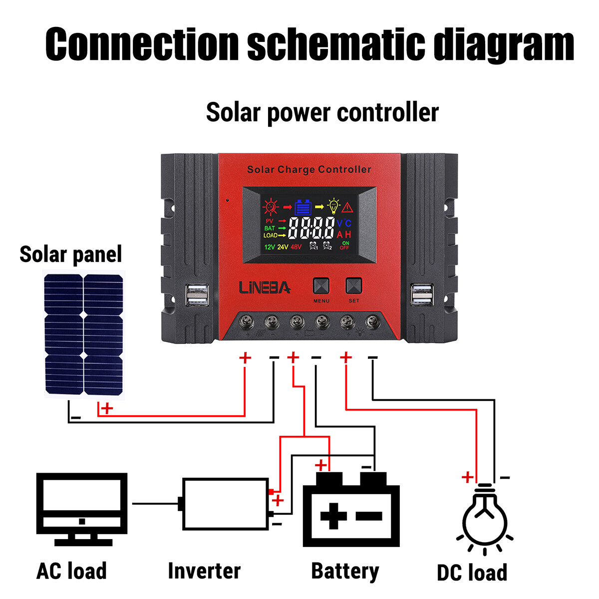 PWM 12V/24V/48V Solar Charge Controller with LCD Display LifePO4 Auto Regulator