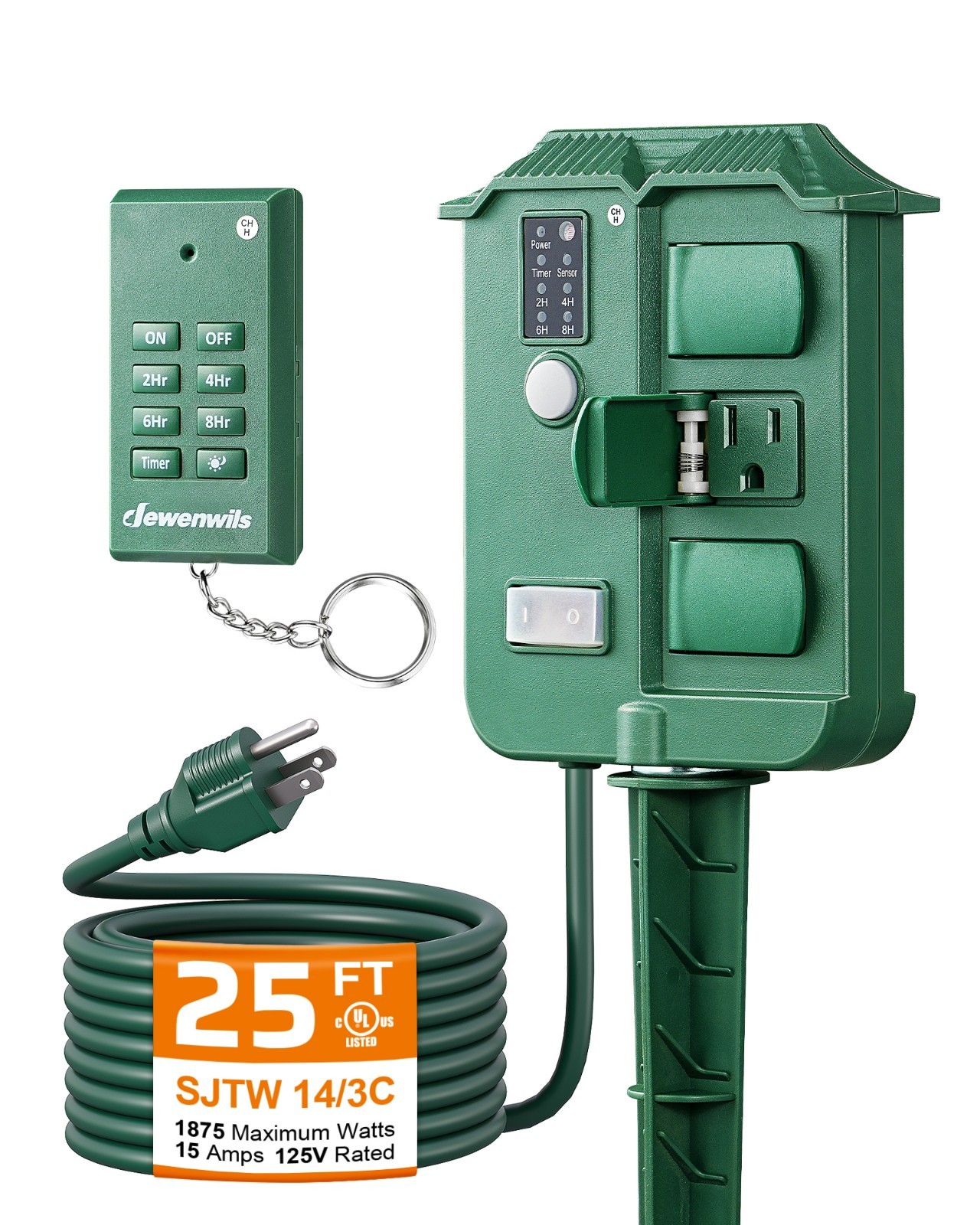 Outdoor Power Stake Timer, 25FT Extension Cord, 100FT Range Remote Control