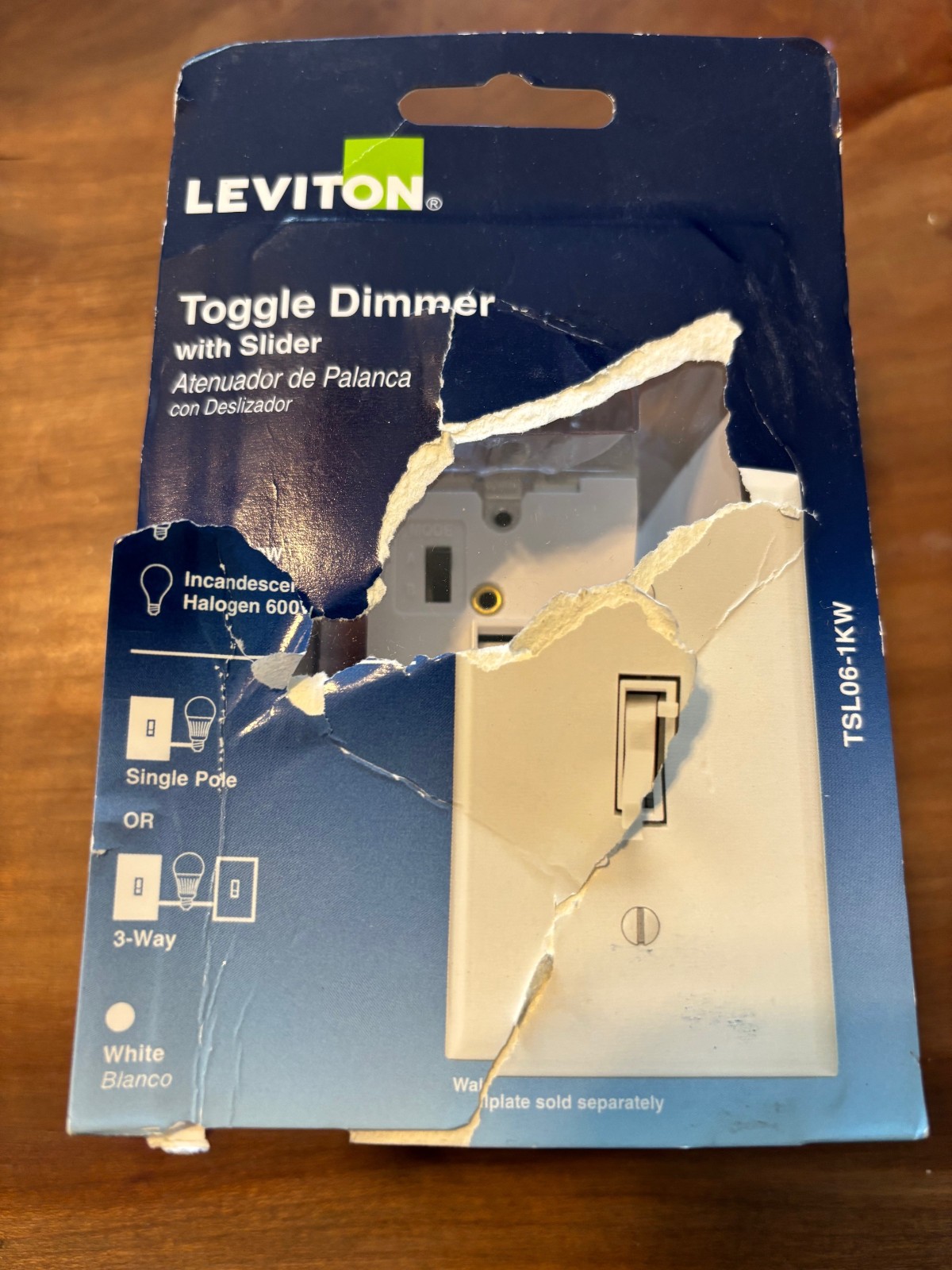 Leviton Toggle Dimmer with Slider 3-Way 1-Pole White 600W TSL06-1KW Open Box