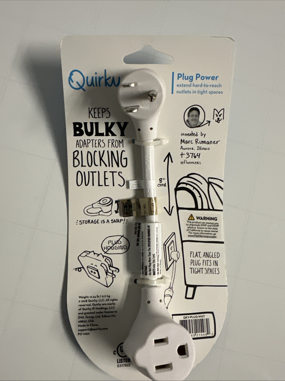 6 pack Quirky 8 INCH PLUG Extension Power Cord – White