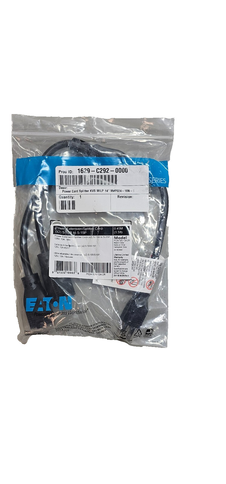 Tripp Lite Power Extension Cord Y Splitter Cable 13A, 16AWG, 5-15P To 2x 5-15R