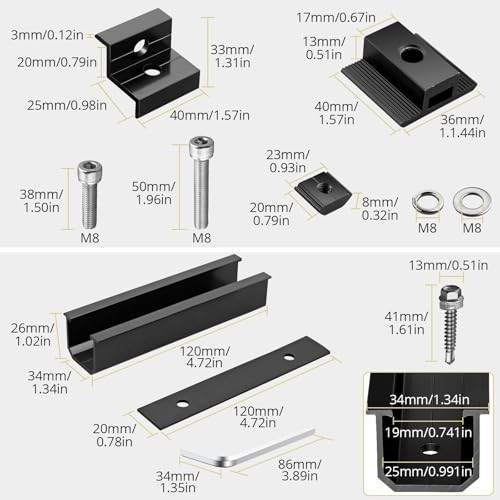 Black Solar Panel Mounting Brackets – 4.72″ Rails + 1.38″ & 1.18″ Clamps