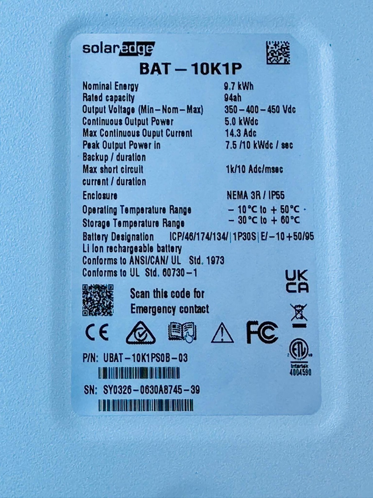 Pre-Owned Demo SolarEdge BAT-10K1P Lithium-Ion Battery Energy Storage System(203