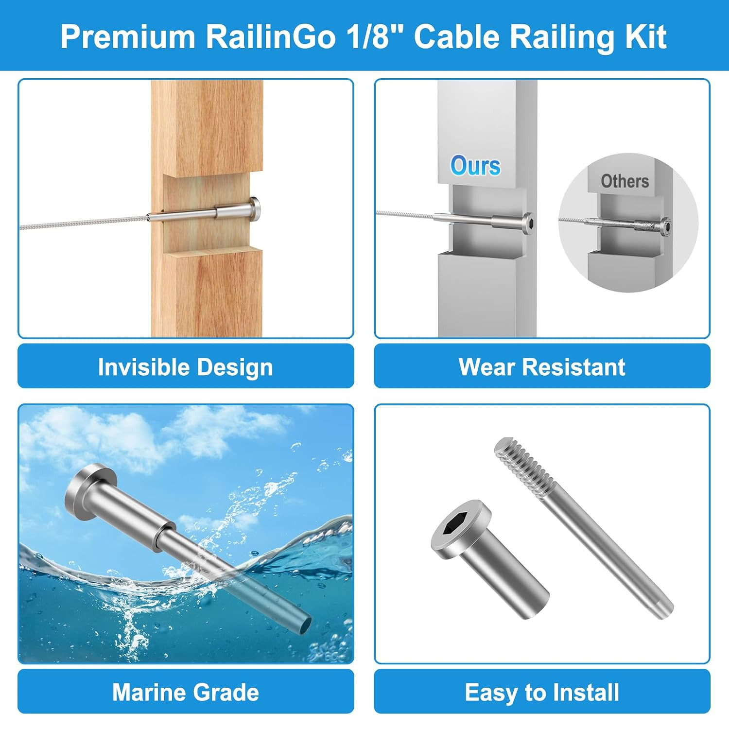 50 Pack Invisible Cable Railing Kit, T316 Stainless Steel 1/8″ Invisible Receive