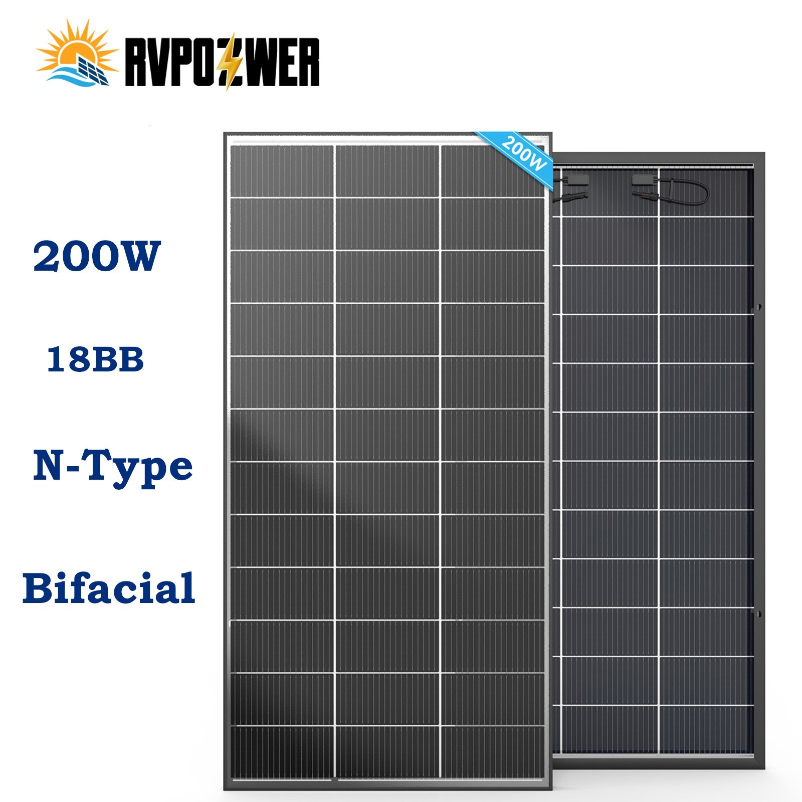 N-Type 200W Bifacial Solar Panel 12V Battery Home PV Off-Grid Boat Power Charger