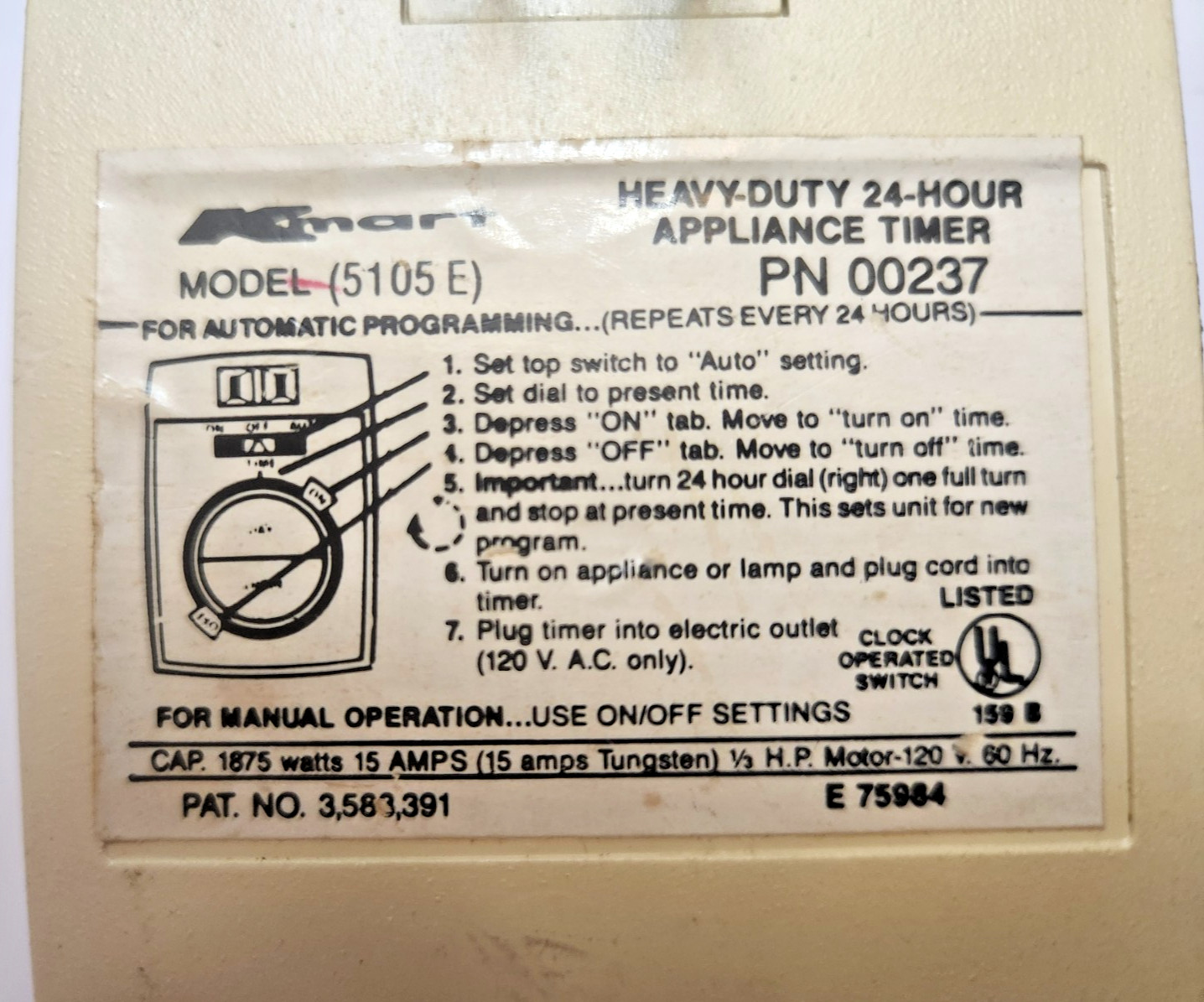 Kmart Heavy Duty Appliance Timer Model 5105 E Cream 24-Hour Programmable PN00237