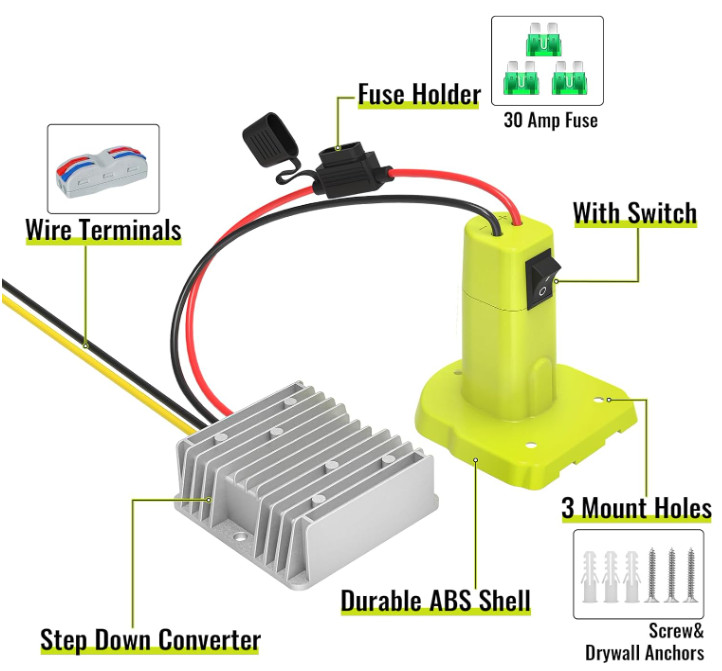 18V to 12V Step Down Converter Compatible with Ryobi 18V Battery Adapter Volt…