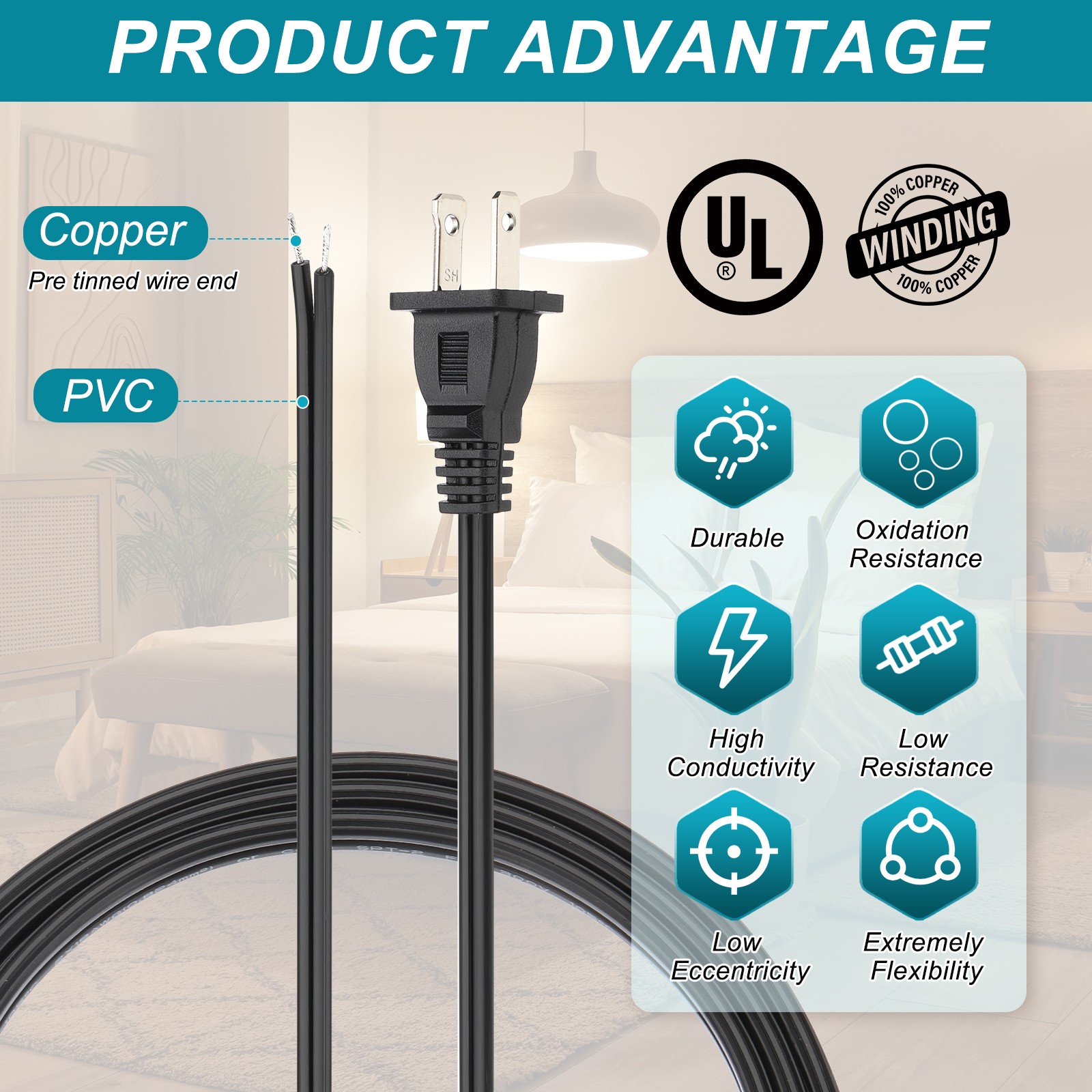 10 Pack 8.2 Feet Lamp Cord SPT-2 18AWG UL Listed Power Wire Black