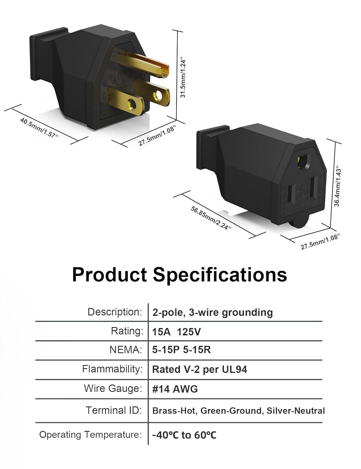 ELEGRP Extension Cord Ends Male/Female Set, Black, 15A 125V, 5 Sets
