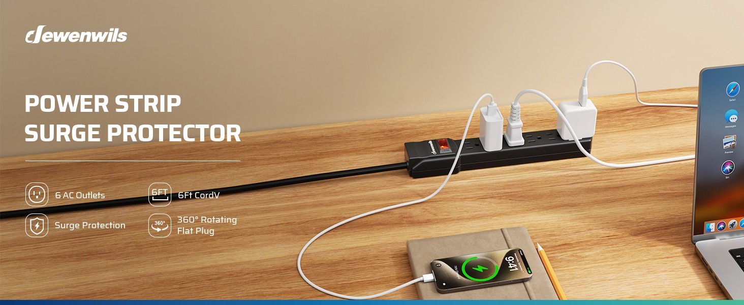 6FT Long Power Strip, 360° Rotating Flat Plug & 6 Outlets, 14/3C Thin Black