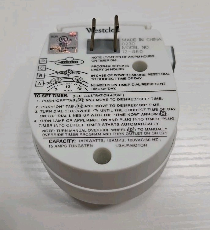 Westclox Model 12-850 Automatic Indoor Lights – Wall Timer – 1875 Watts 15 Amps