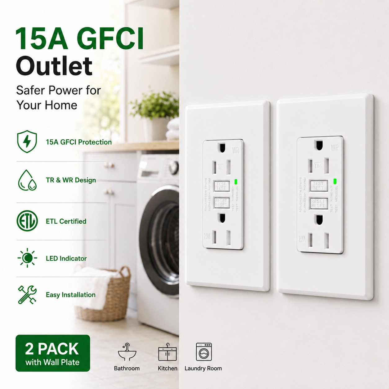 15AMP GFCI Outlet Receptacle Tamper Resistant – ETL Listed,White GFI TR WR 2Pack