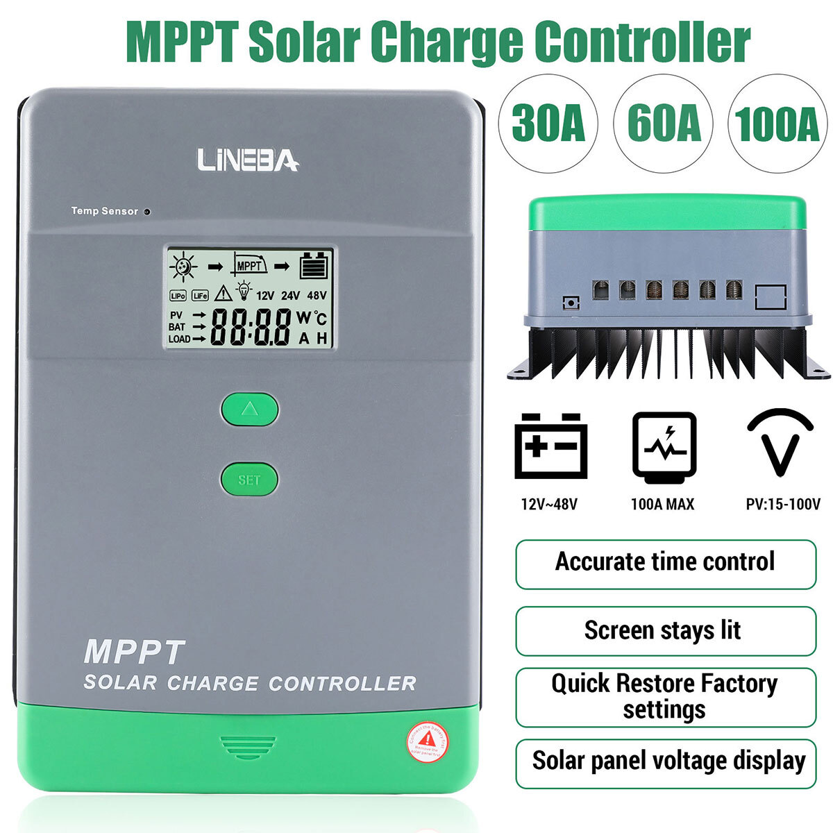 100A 60A MPPT Charge Controller 12V/24V/36/48V Auto, Solar Charge Controller LCD
