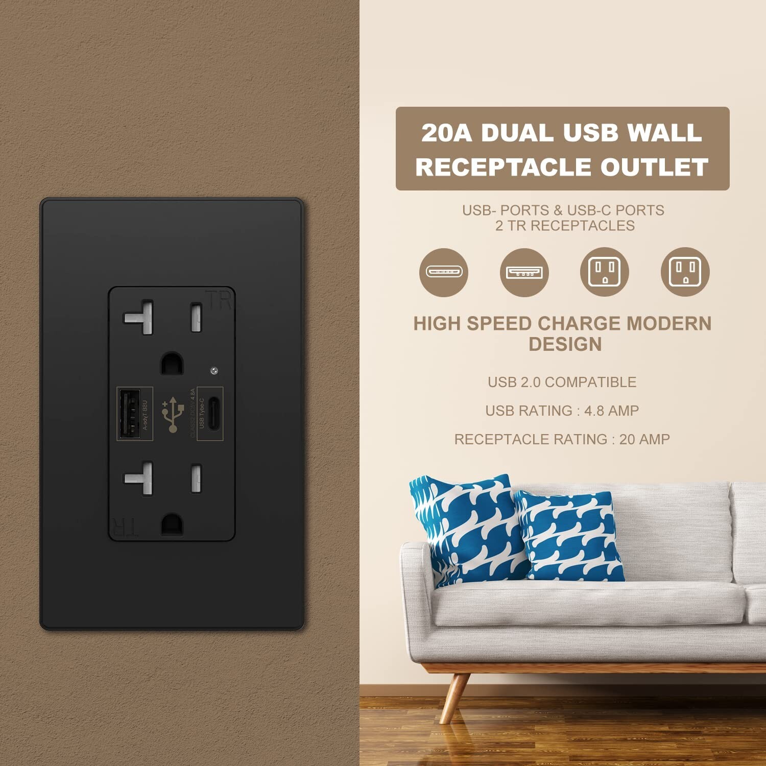 4.8A USB C Outlet UL Dual High Speed, Receptacle 20 Amp,125 Volt,Black,10Pack