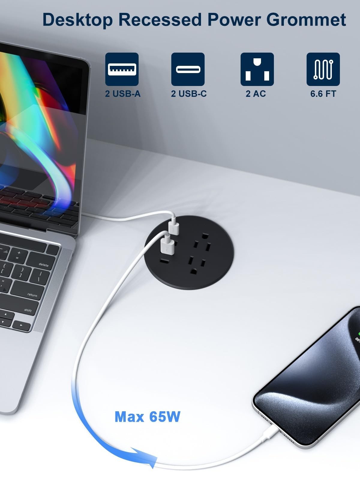 YYSKA 3 Inch Desk Power Grommet 65W USB C Fast Charging Black