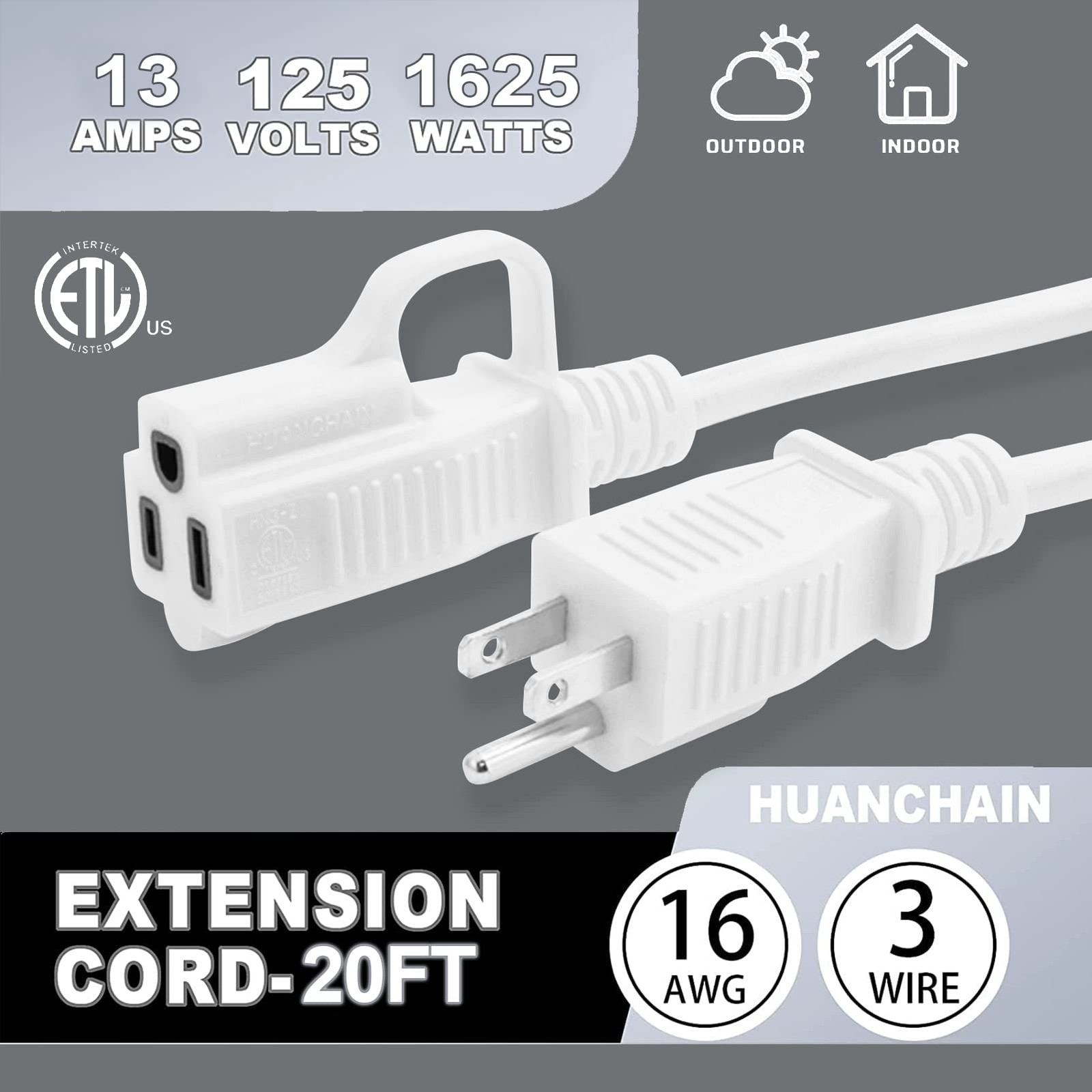 Indoor Outdoor White Extension Cord 20 Ft Waterproof 16/3 Gauge Flexible Coldres
