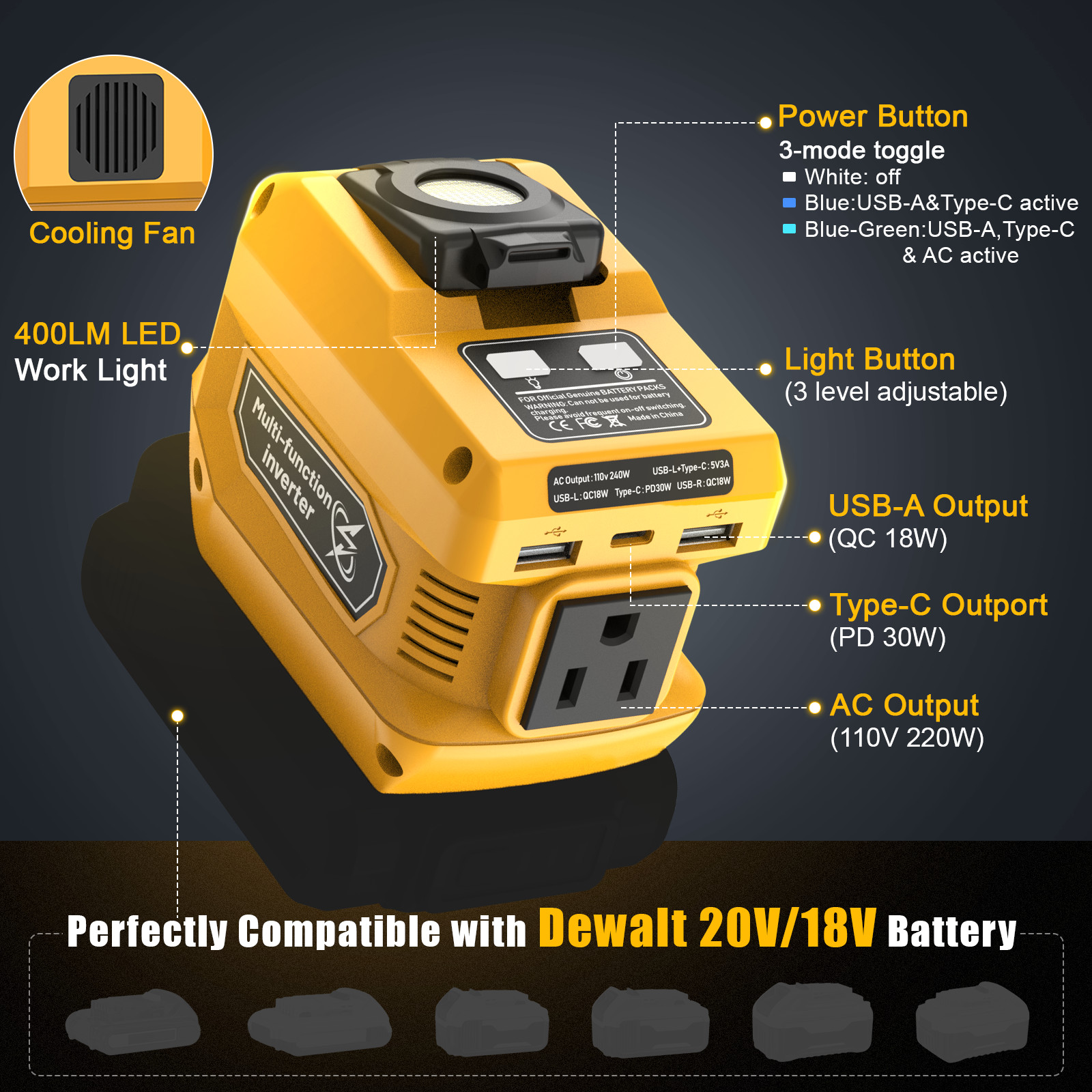 Power Inverter Compatible with Dewalt 20V Battery, DC 20V to AC 110V with LED