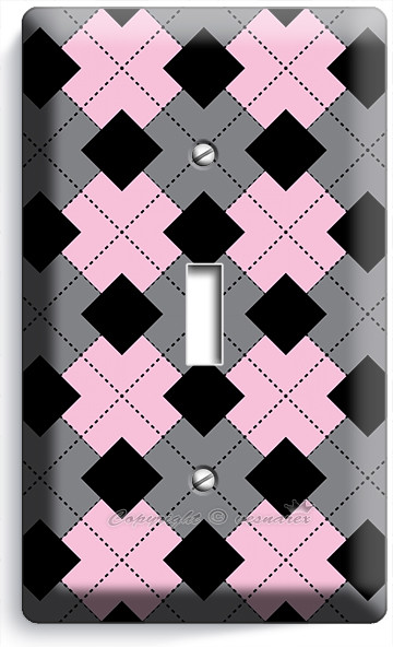 ARGYLE BLACK GRAY PINK LIGHT SWITCH OUTLET WALL PLATES ROOM FASHION STUDIO DECOR