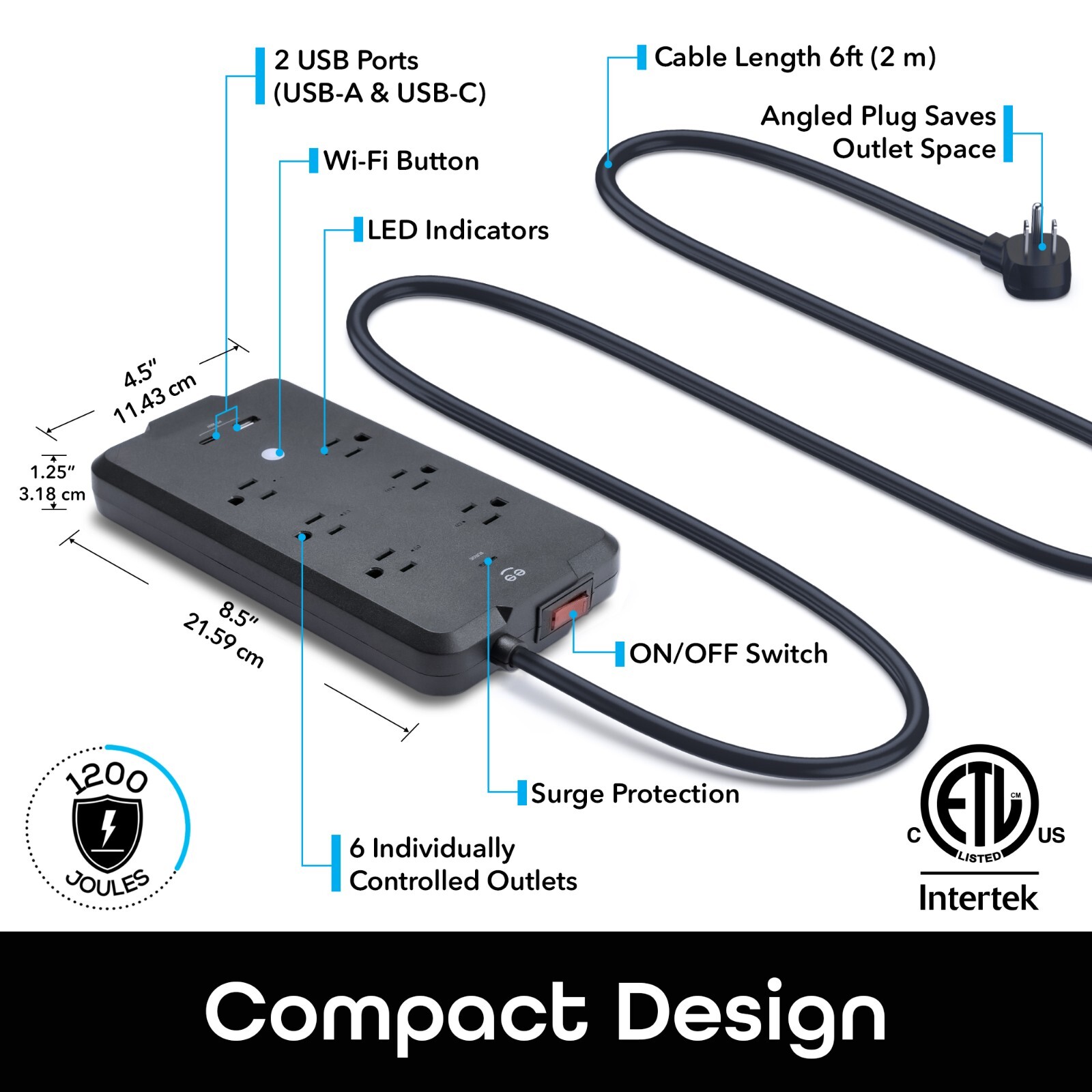 Geeni Surge Ultra Smart Surge Protector – 6 Outlets and 2 USB Ports 6 ft. Cord
