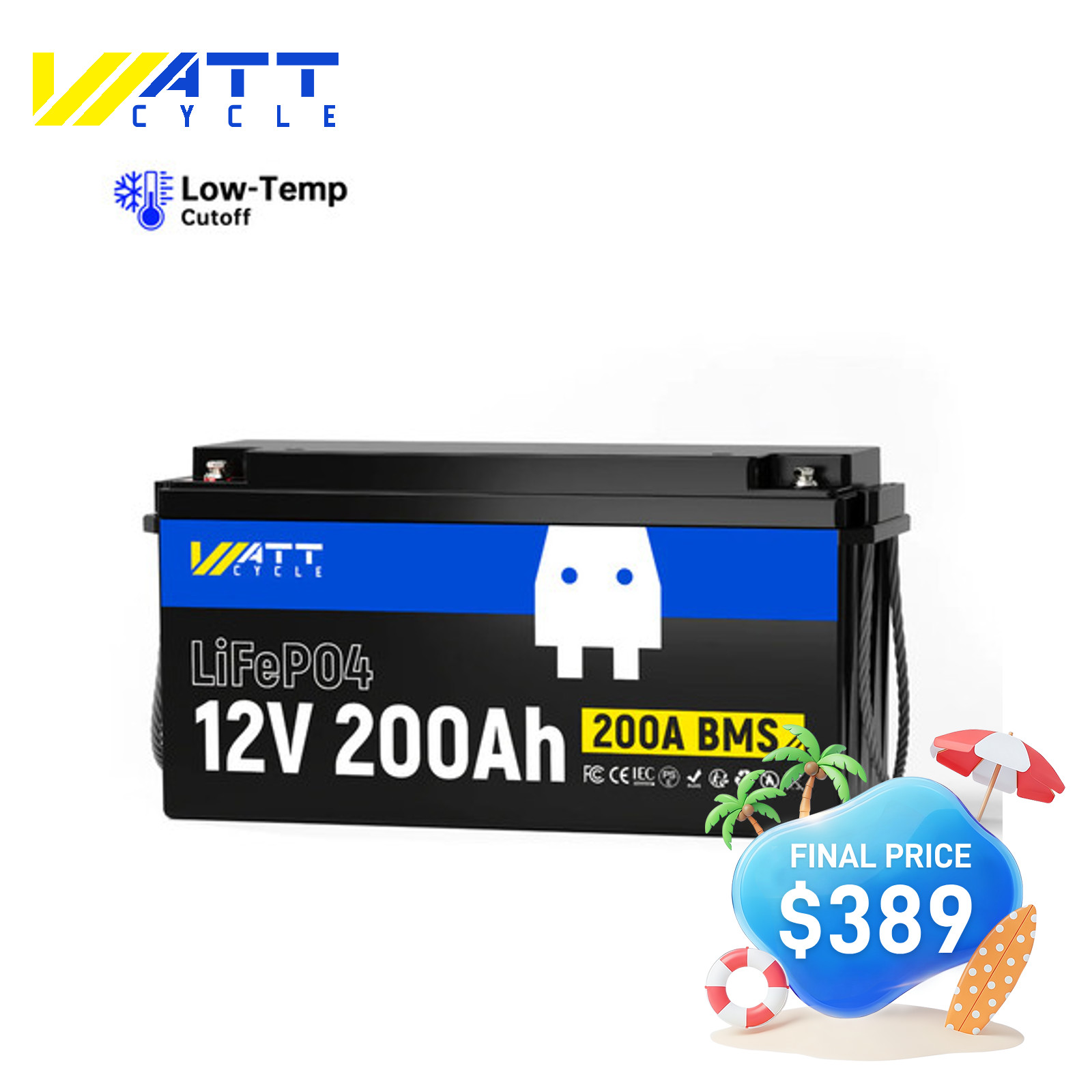 Wattcycle 12V 200Ah LiFePO4 Lithium Battery 2560Wh Built-in BMS Solar Off-Grid