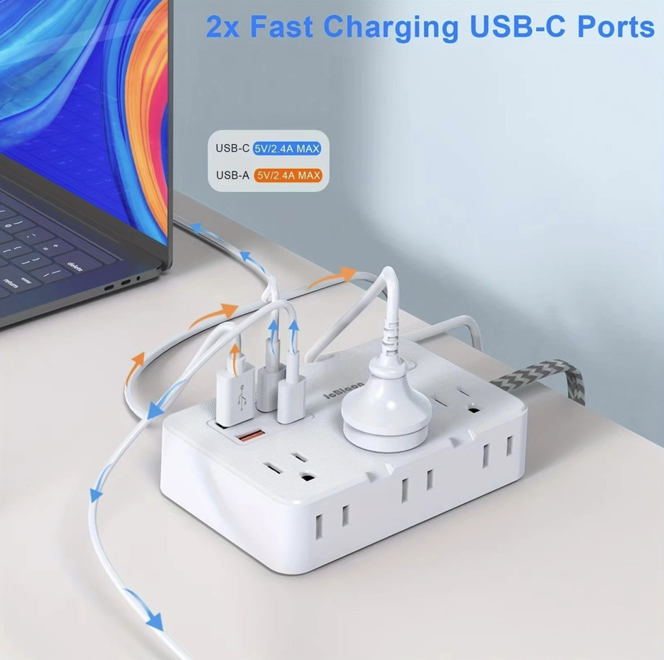 1pc US Power Strip 1.5m Extension Cord 4 USB Type C Charging Hub – NEW